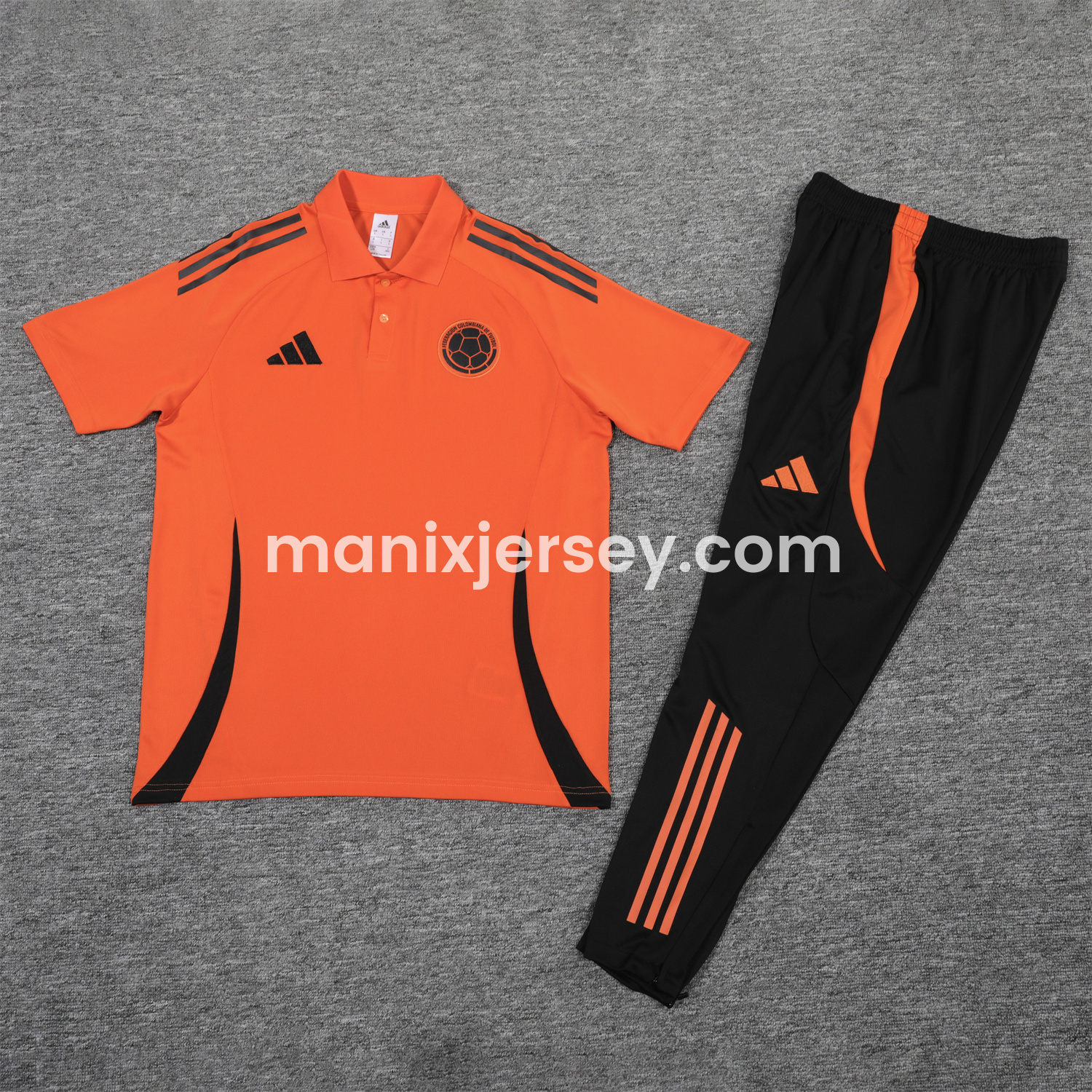 ManixJersey.com | Colombia 25-26 POLO Short-Sleeve Training Set - Orange Top and Black Pants -Customize Name, Number and Patch | Worldwide Shipping