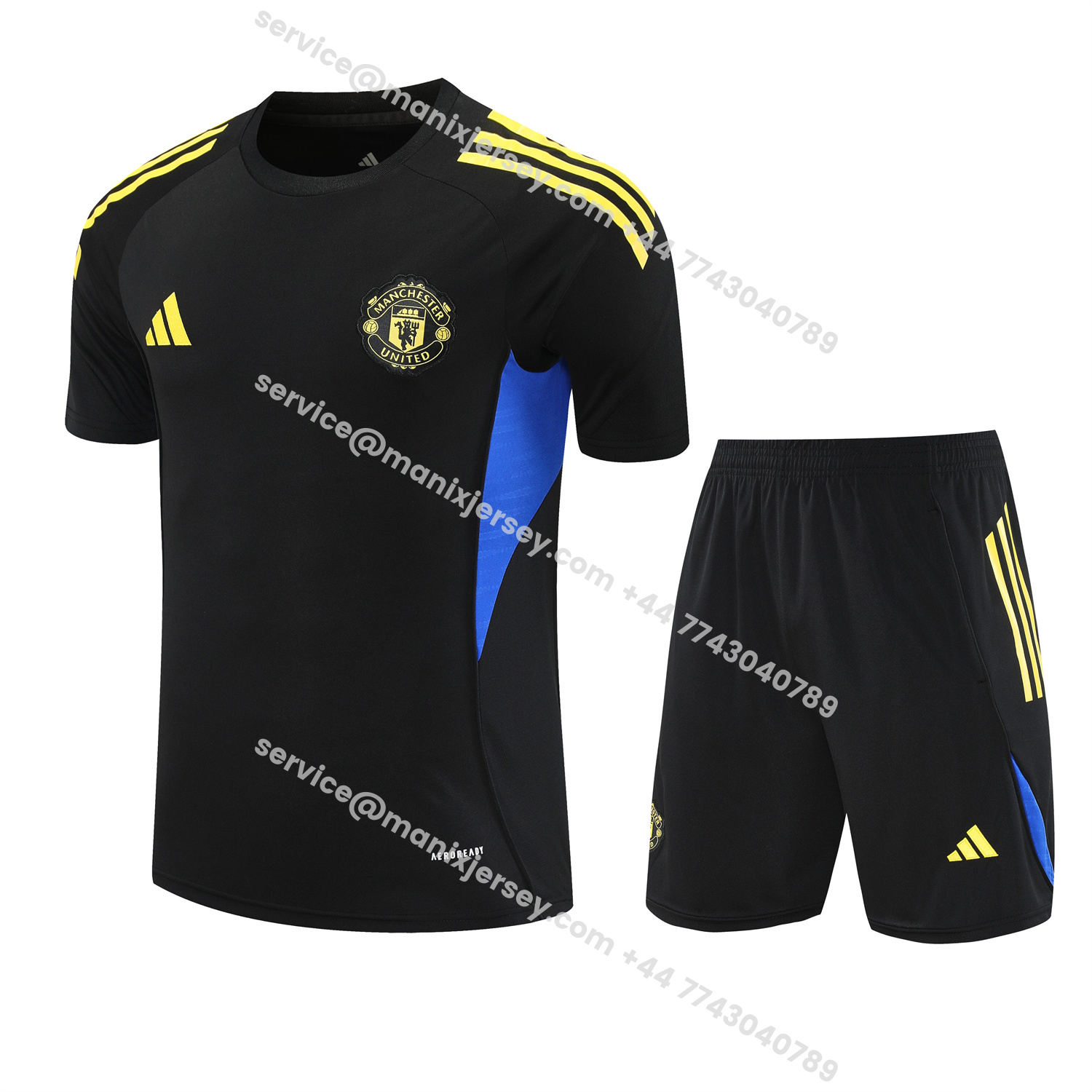 ManixJersey.com | Manchester United 25-26 Short-Sleeve Training Set - Yellow Lines Black Top & Black Shorts -Customize Name, Number and Patch | Worldwide Shipping