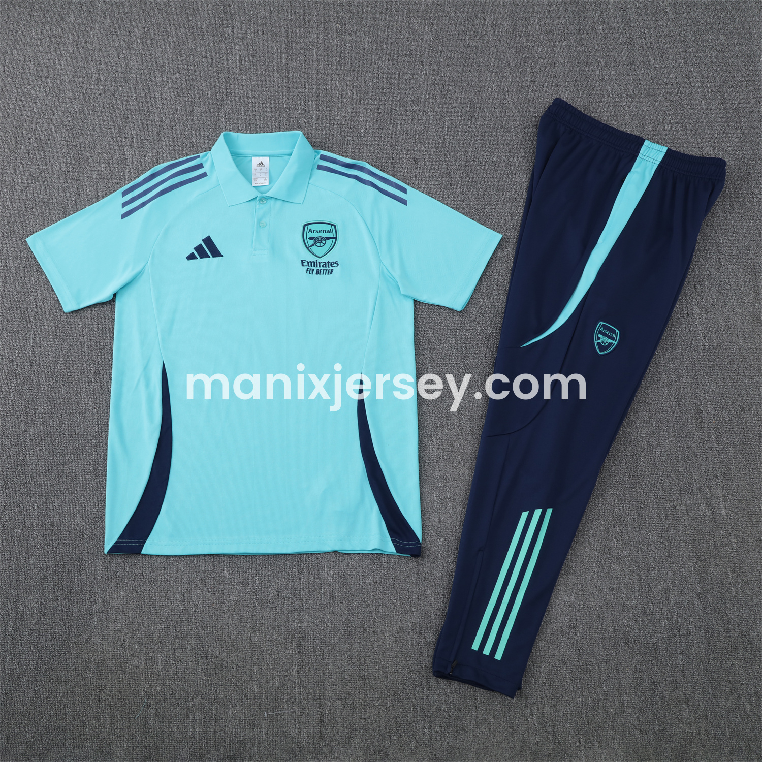 ManixJersey.com | Arsenal 25-26 POLO Short-Sleeve Training Set - Cyan Top and Deep Blue Pants -Customize Name, Number and Patch | Worldwide Shipping