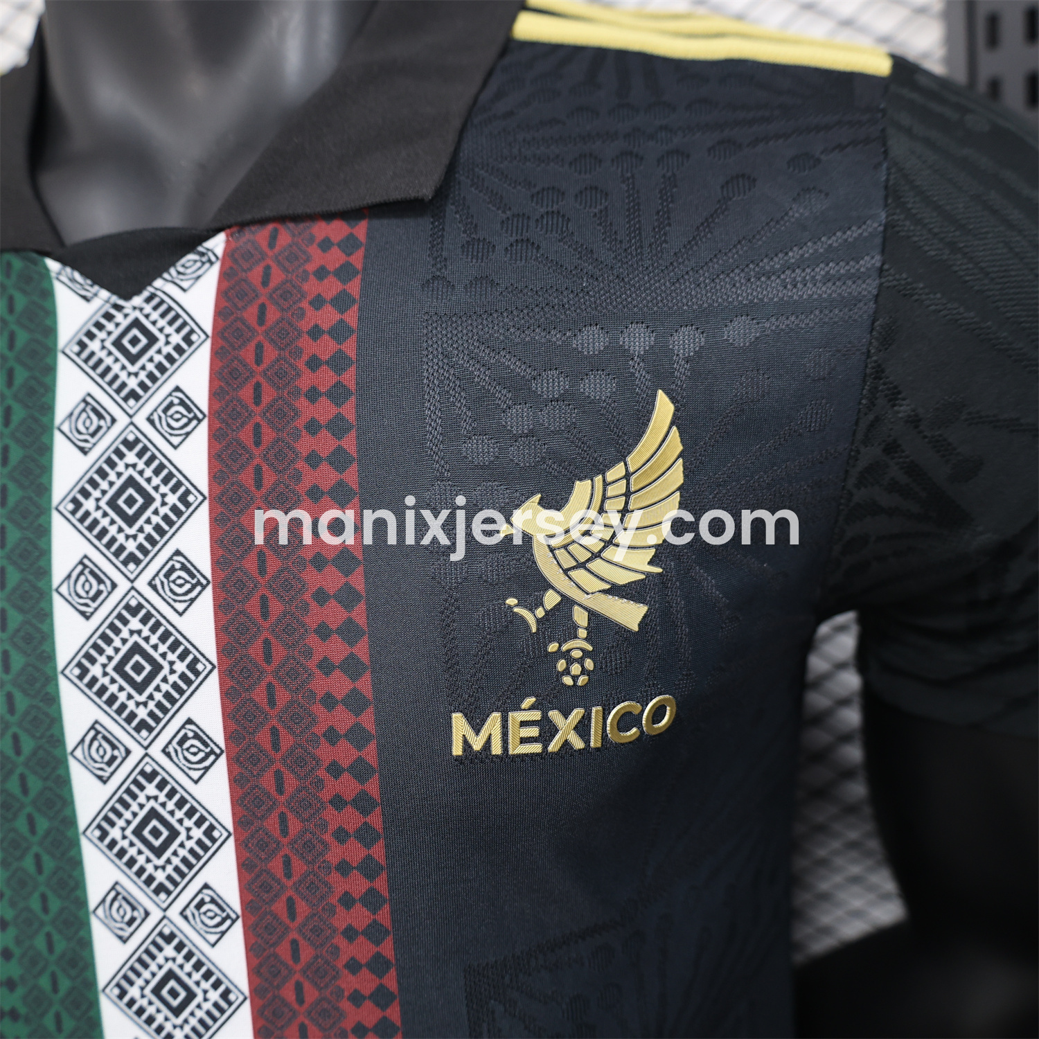 ManixJersey.com | Mexico 25-26 Black Polo Jersey with Red White and Green Decorative Pattern - Player Version -Customize Name, Number and Patch | Worldwide Shipping