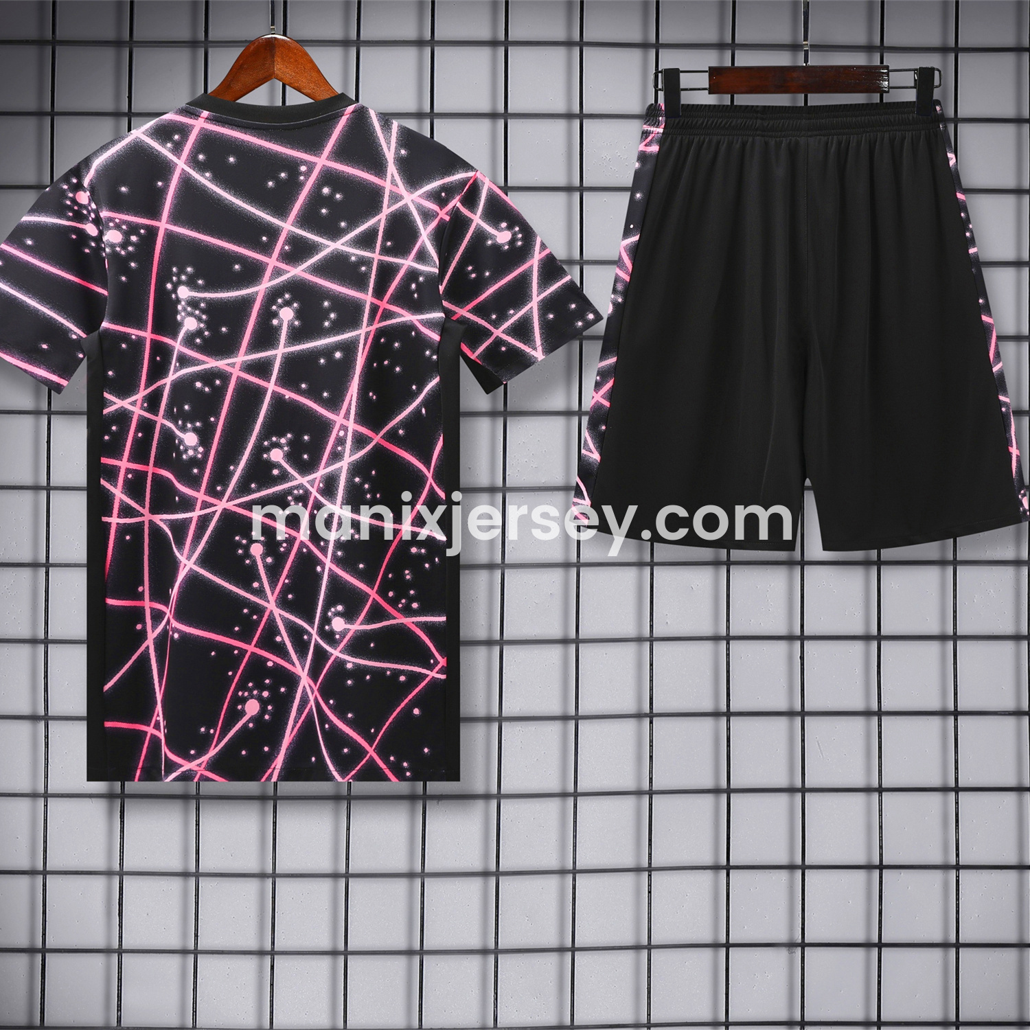 ManixJersey.com | Paris Saint-Germain PSG 25-26 Short-Sleeve Training Set - Pink Fluorescent Rays Black Top & Black Shorts -Customize Name, Number and Patch | Worldwide Shipping