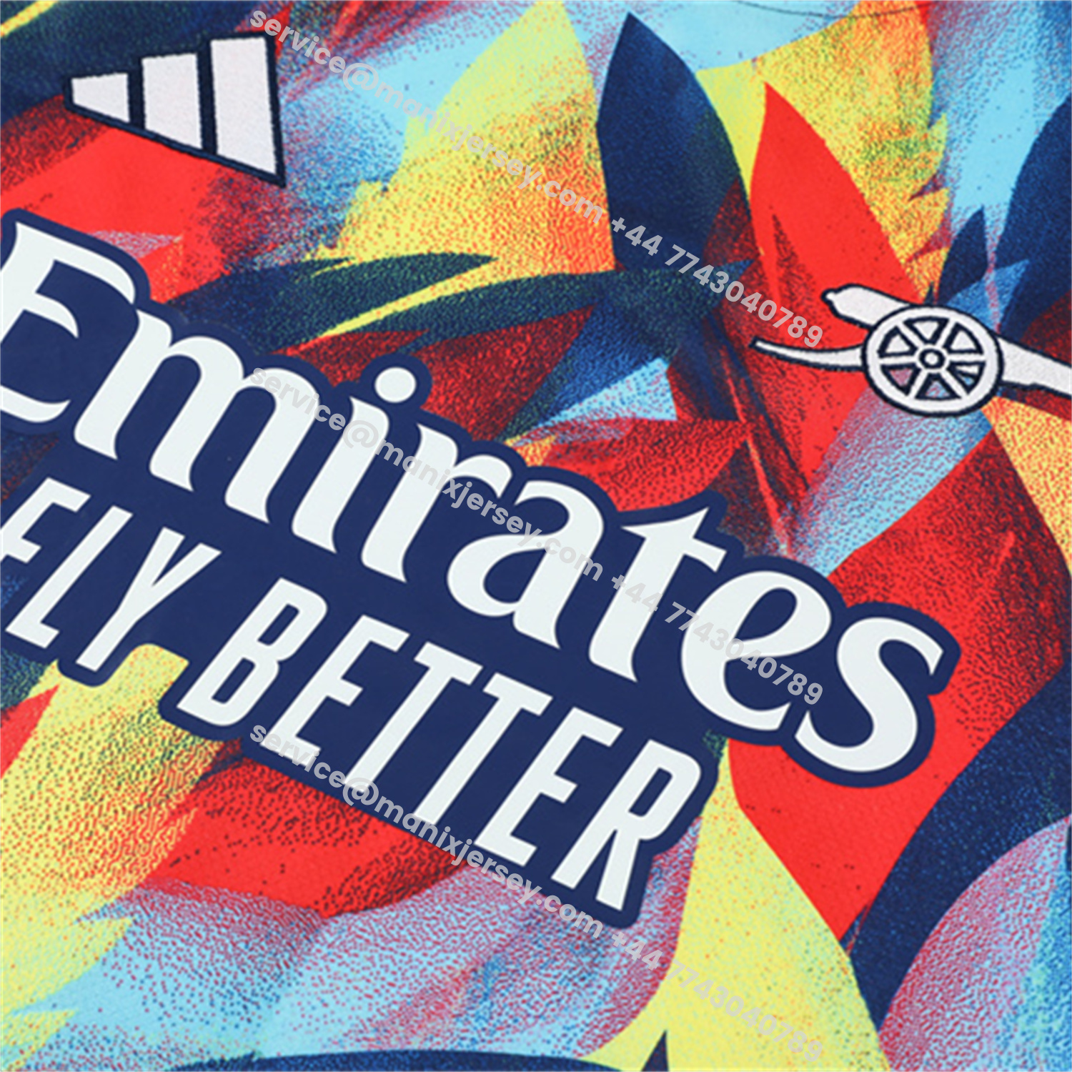 ManixJersey.com | Arsenal 25-26 Kids Short-Sleeve Training Set - Colorful Camouflage Top & Blue Shorts -Customize Name, Number and Patch | Worldwide Shipping