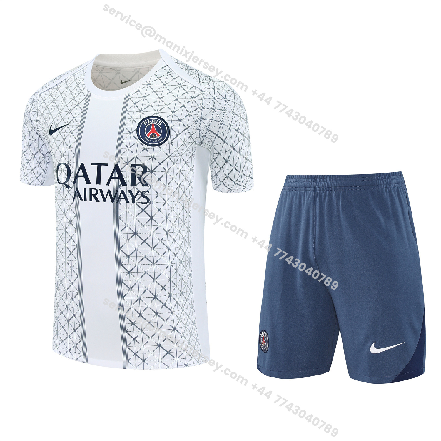 ManixJersey.com | Paris Saint-Germain PSG 25-26 Short-Sleeve Training Set - White Top & Deep Blue Shorts -Customize Name, Number and Patch | Worldwide Shipping