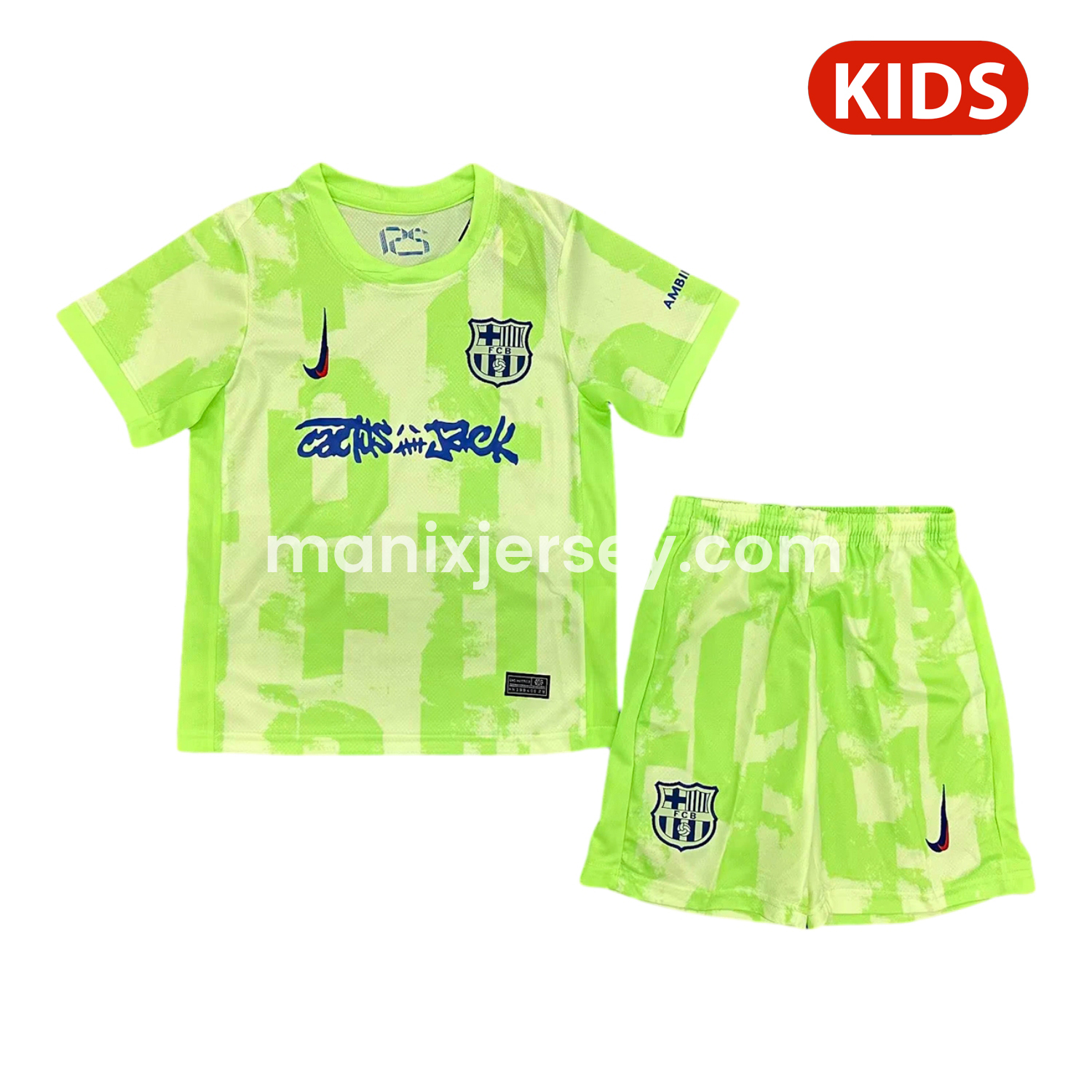 ManixJersey.com | Barcelona x Travis Scott 24-25 Third Green Kids Kit -Customize Name, Number and Patch | Worldwide Shipping