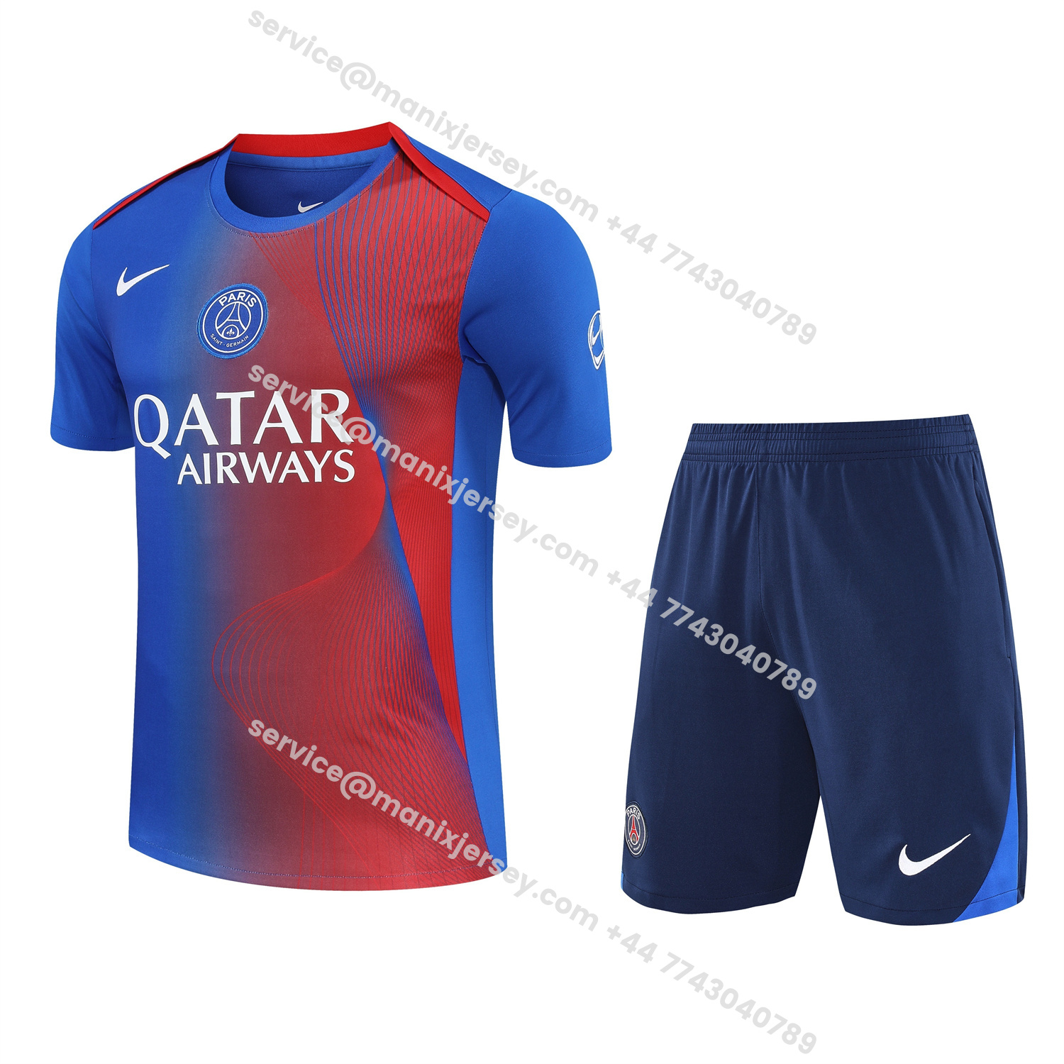 ManixJersey.com | Paris Saint-Germain PSG 25-26 Short-Sleeve Training Set - Red And Blue Lines Top & Blue Shorts -Customize Name, Number and Patch | Worldwide Shipping