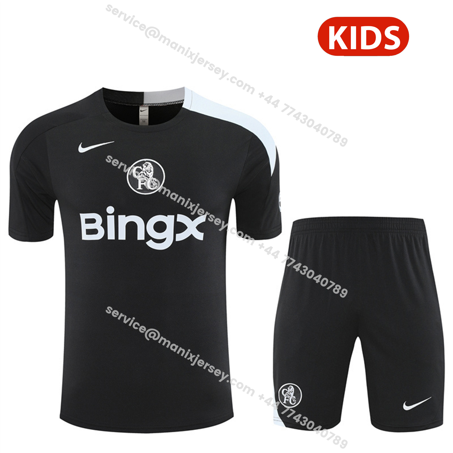 ManixJersey.com | C.H.E.L.S.E.A 25-26 Kids Short-Sleeve Training Set - Black Top & Black Shorts -Customize Name, Number and Patch | Worldwide Shipping