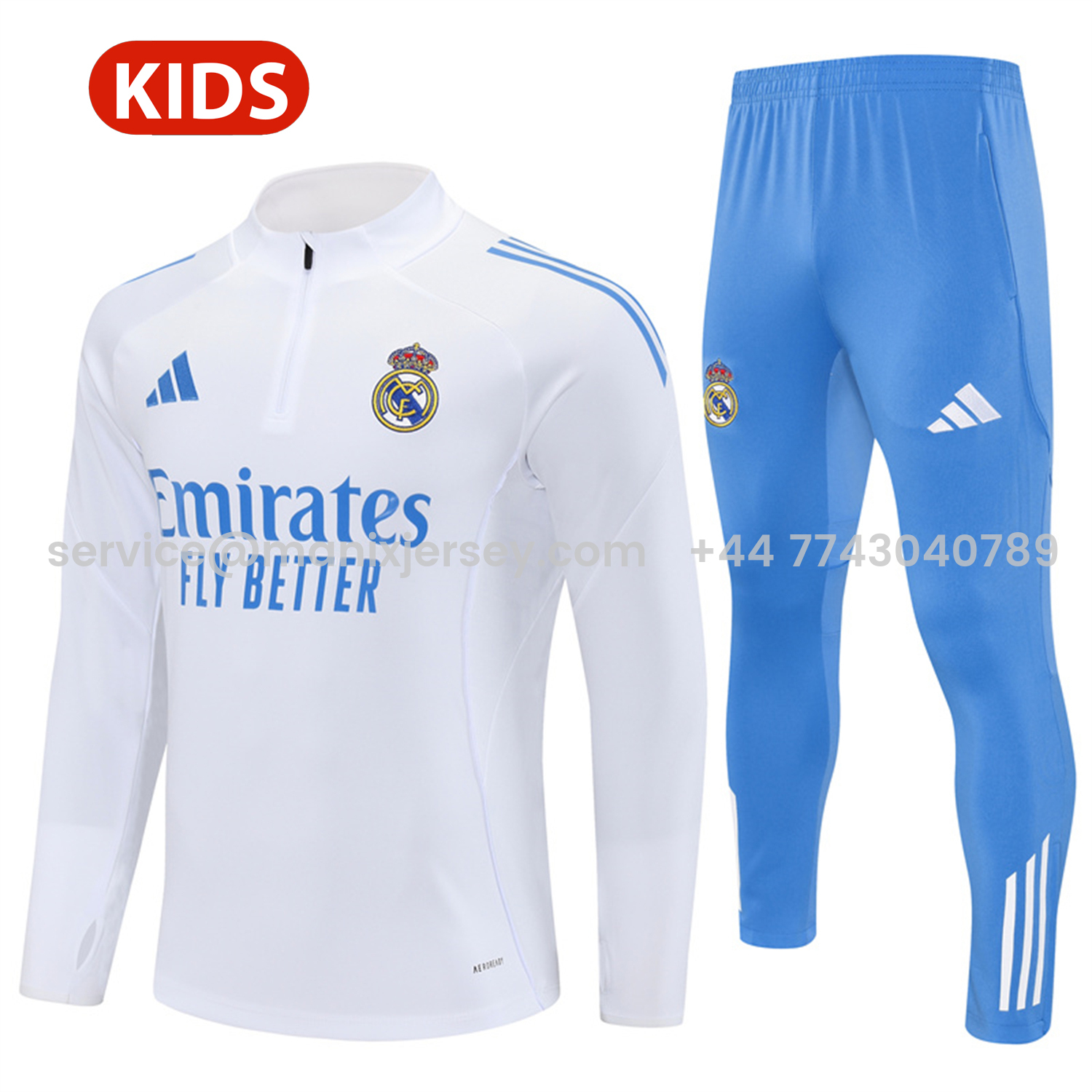 ManixJersey.com | Real Madrid 25-26 Kids Long Sleeve Training Set - White Top & Blue Pants -Customize Name, Number and Patch | Worldwide Shipping
