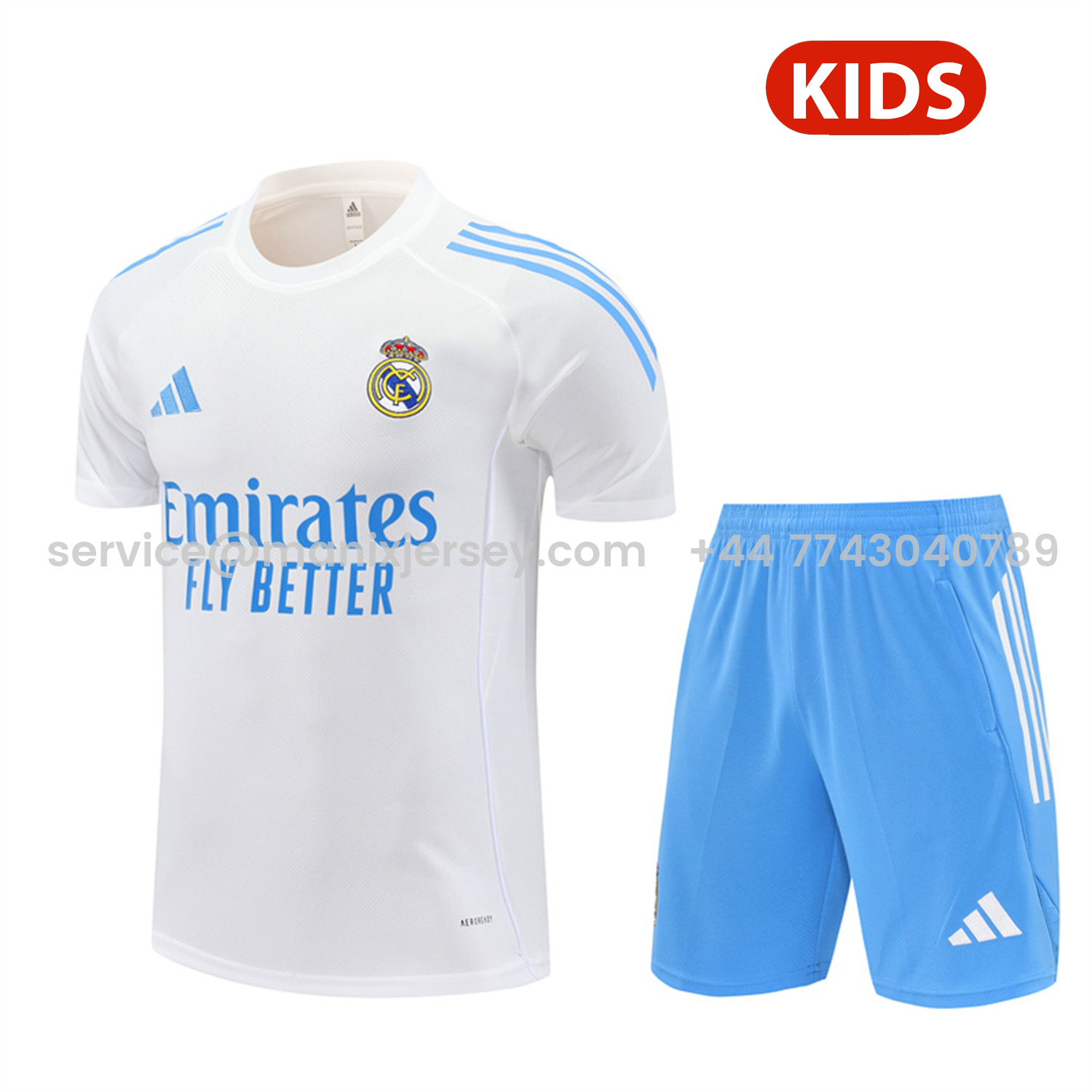 ManixJersey.com | Real Madrid 25-26 Kids Short-Sleeve Training Set - White Top and Sky Blue Shorts -Customize Name, Number and Patch | Worldwide Shipping