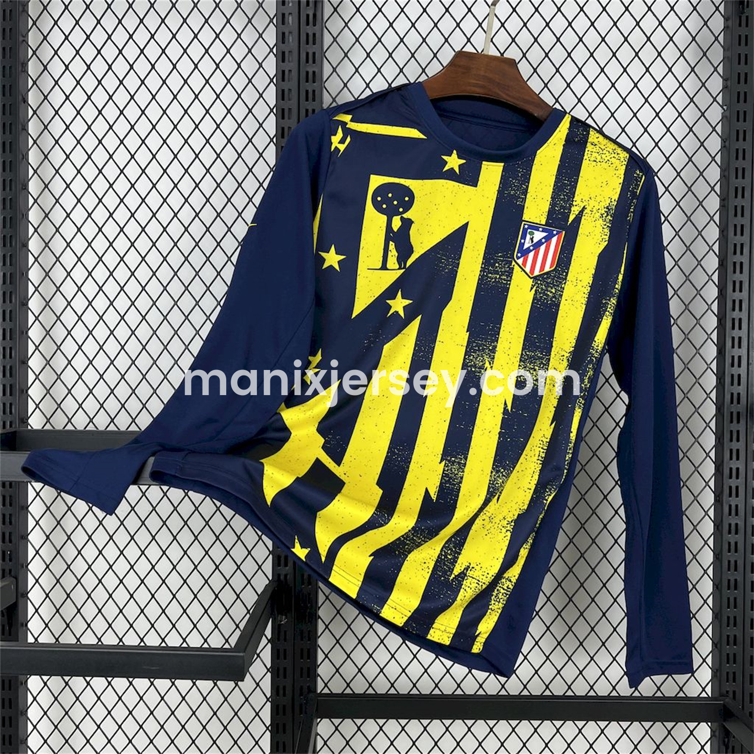 ManixJersey.com | Atletico Madrid 25-26 Yellow Blue Stripes Pre-Match Training Long Sleeves Jersey - Fans Version -Customize Name, Number and Patch | Worldwide Shipping