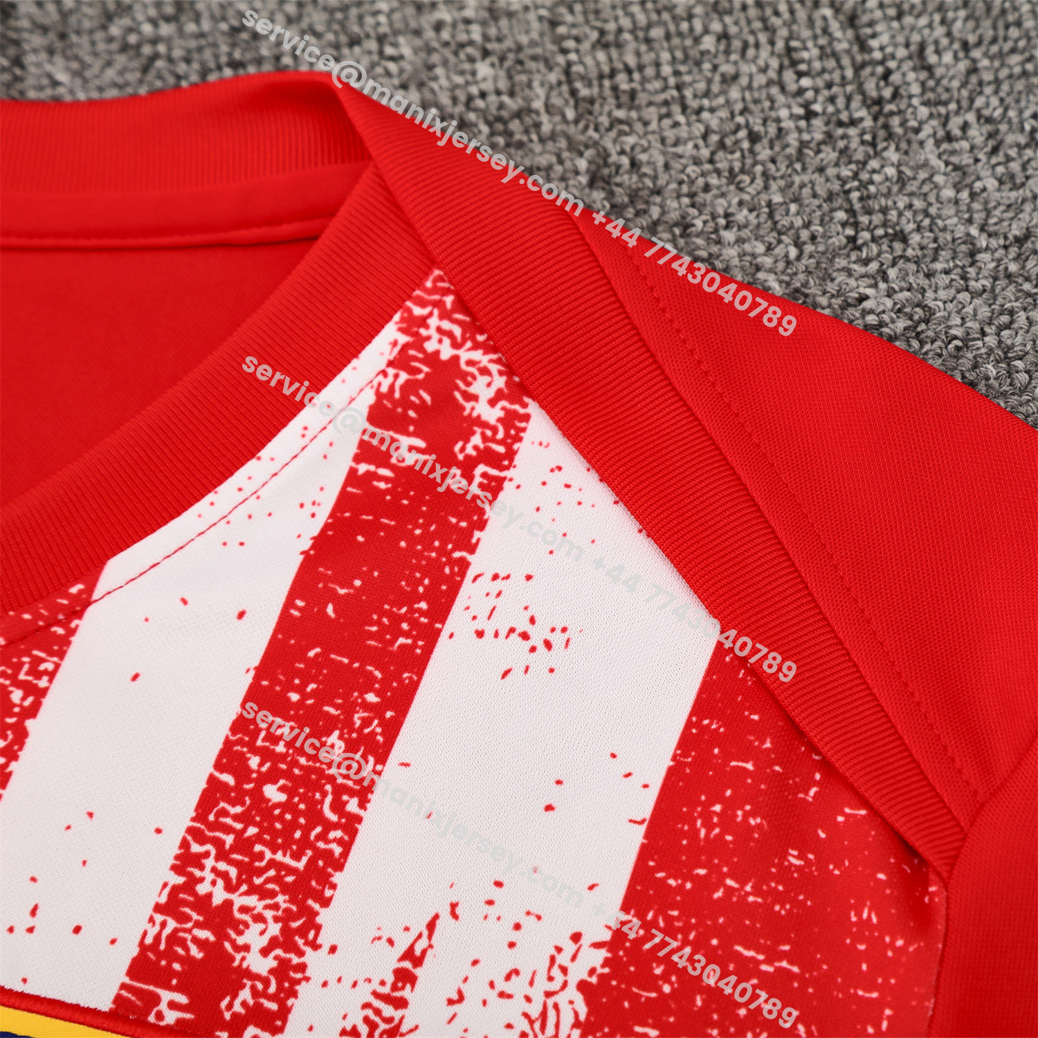 ManixJersey.com | Atletico Madrid Short-Sleeve Training Set - Red White Top & Blue Shorts -Customize Name, Number and Patch | Worldwide Shipping