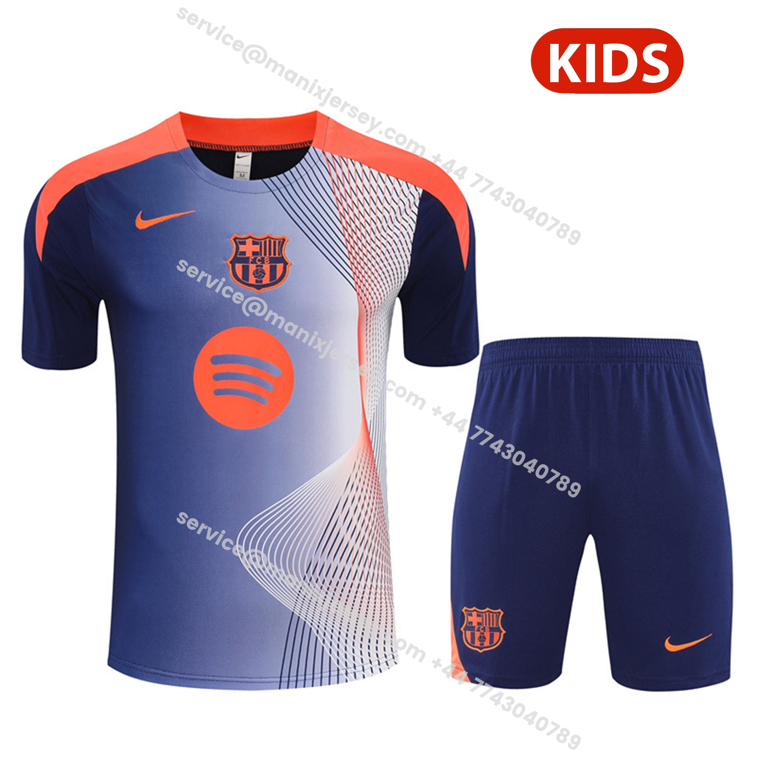 ManixJersey.com | Barcelona 25-26 Kids Short-Sleeve Training Set - Red Blue Line Top & Blue Shorts -Customize Name, Number and Patch | Worldwide Shipping