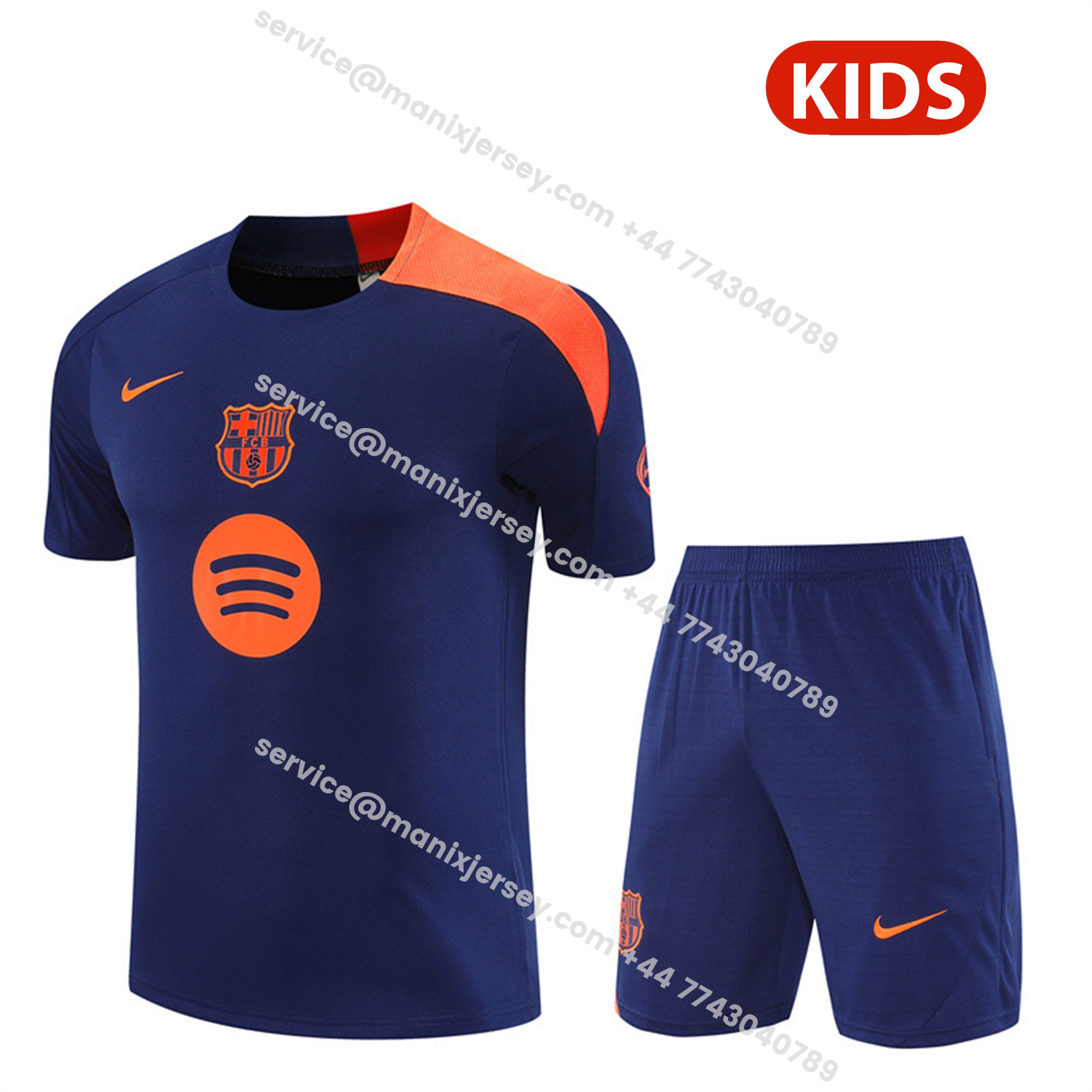 ManixJersey.com | Barcelona 25-26 Kids Short-Sleeve Training Set - Royal Blue Top Orange Sponsor & Royal Blue Shorts -Customize Name, Number and Patch | Worldwide Shipping