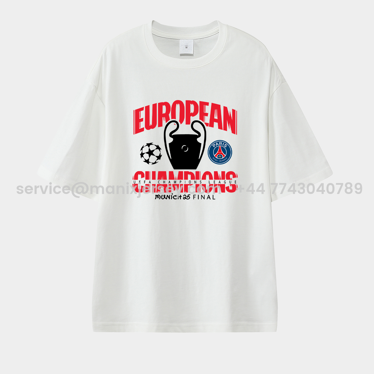 ManixJersey.com | Paris Saint-Germain PSG 2025 European Champions Winner Unisex Pure Cotton T-shirt -Customize Name, Number and Patch | Worldwide Shipping