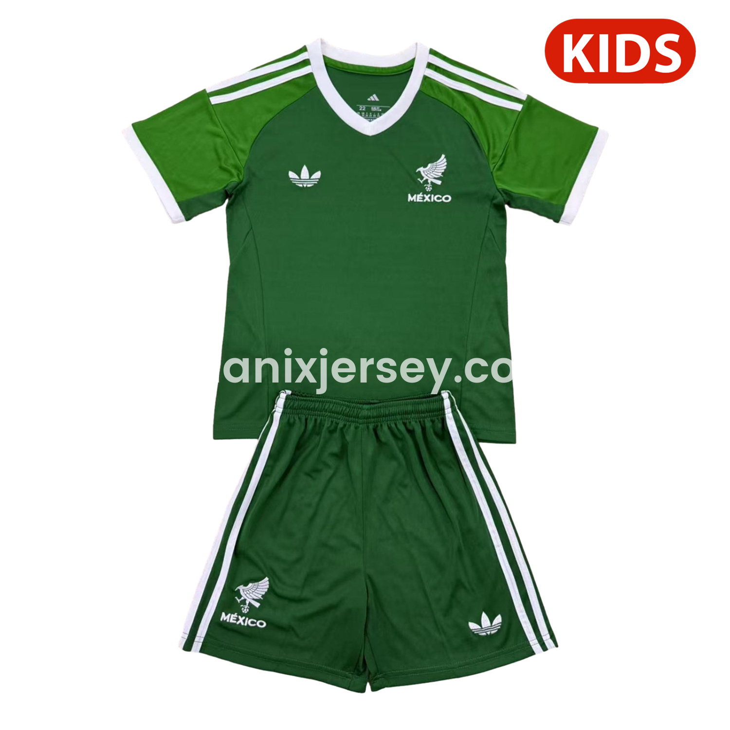 ManixJersey.com | Mexico 2025 Throwback Trefoil Green Goalkeeper Kids Kit -Customize Name, Number and Patch | Worldwide Shipping