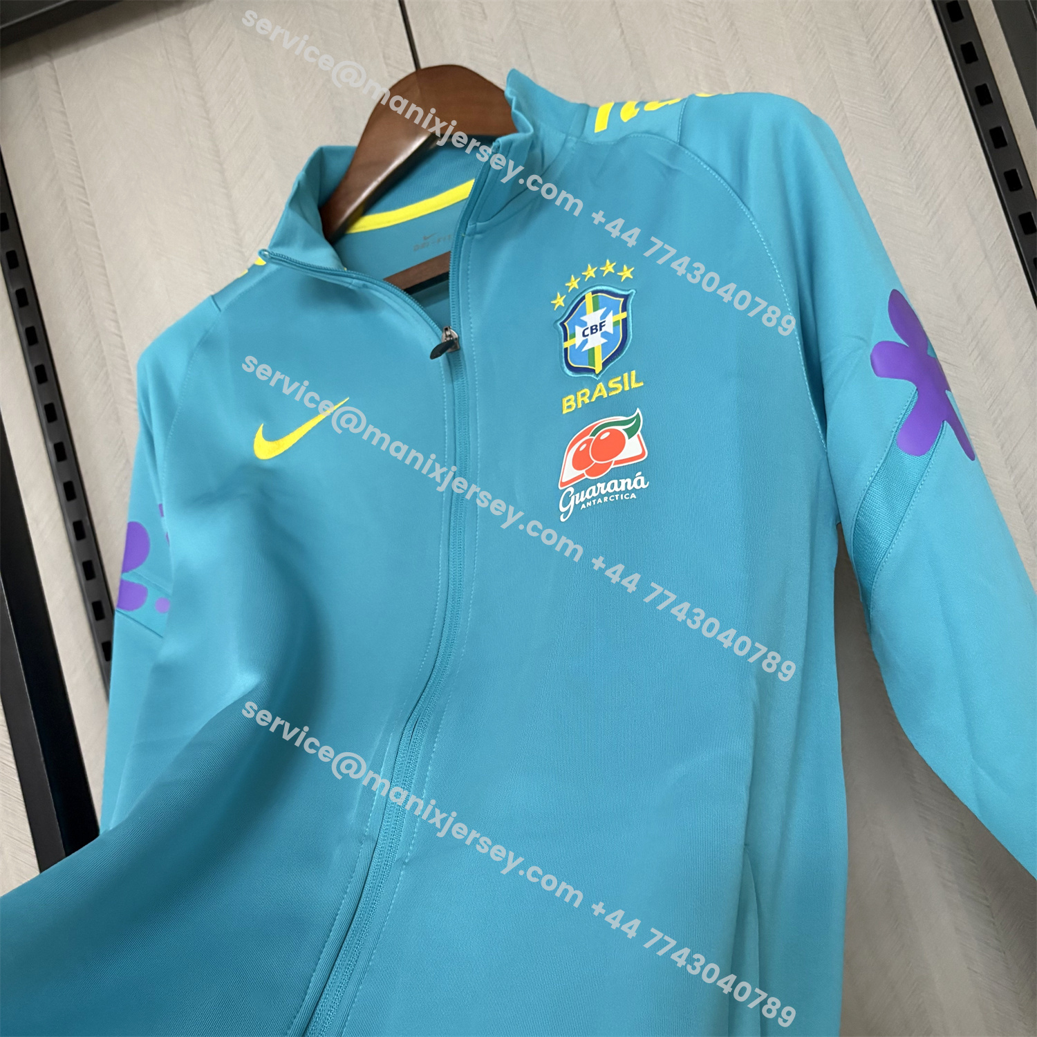 ManixJersey.com | Retro Brazil 2022 Pre-Match Cyan Unsponsored Windbreaker -Customize Name, Number and Patch | Worldwide Shipping