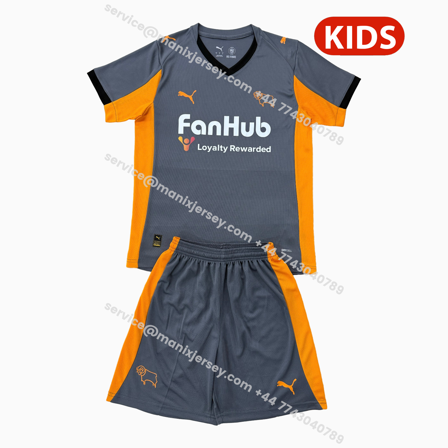 ManixJersey.com | Derby County 25-26 Away Kids Kit -Customize Name, Number and Patch | Worldwide Shipping