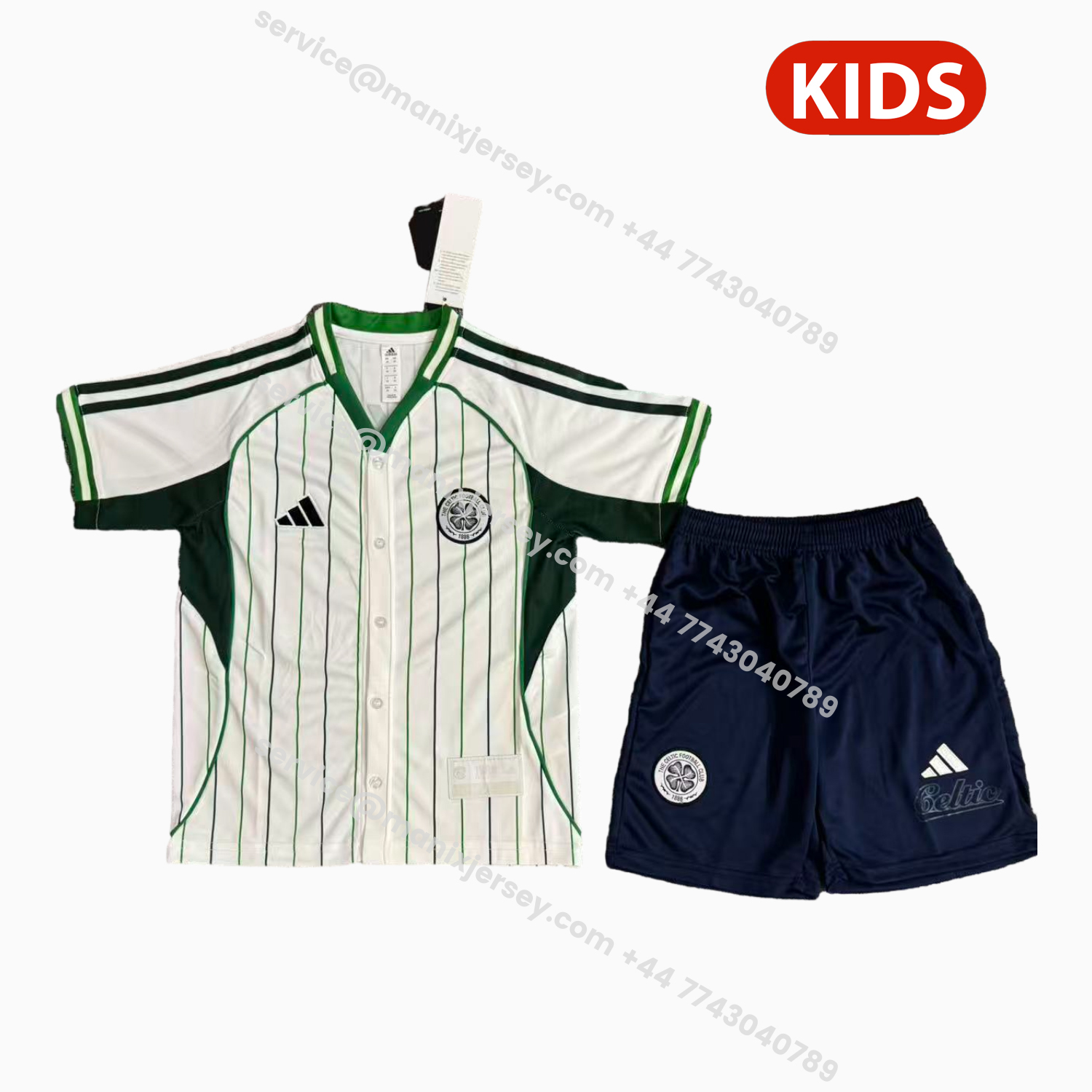 ManixJersey.com | Celtic 25-26 White With Green Lines Baseball Kids Kit -Customize Name, Number and Patch | Worldwide Shipping