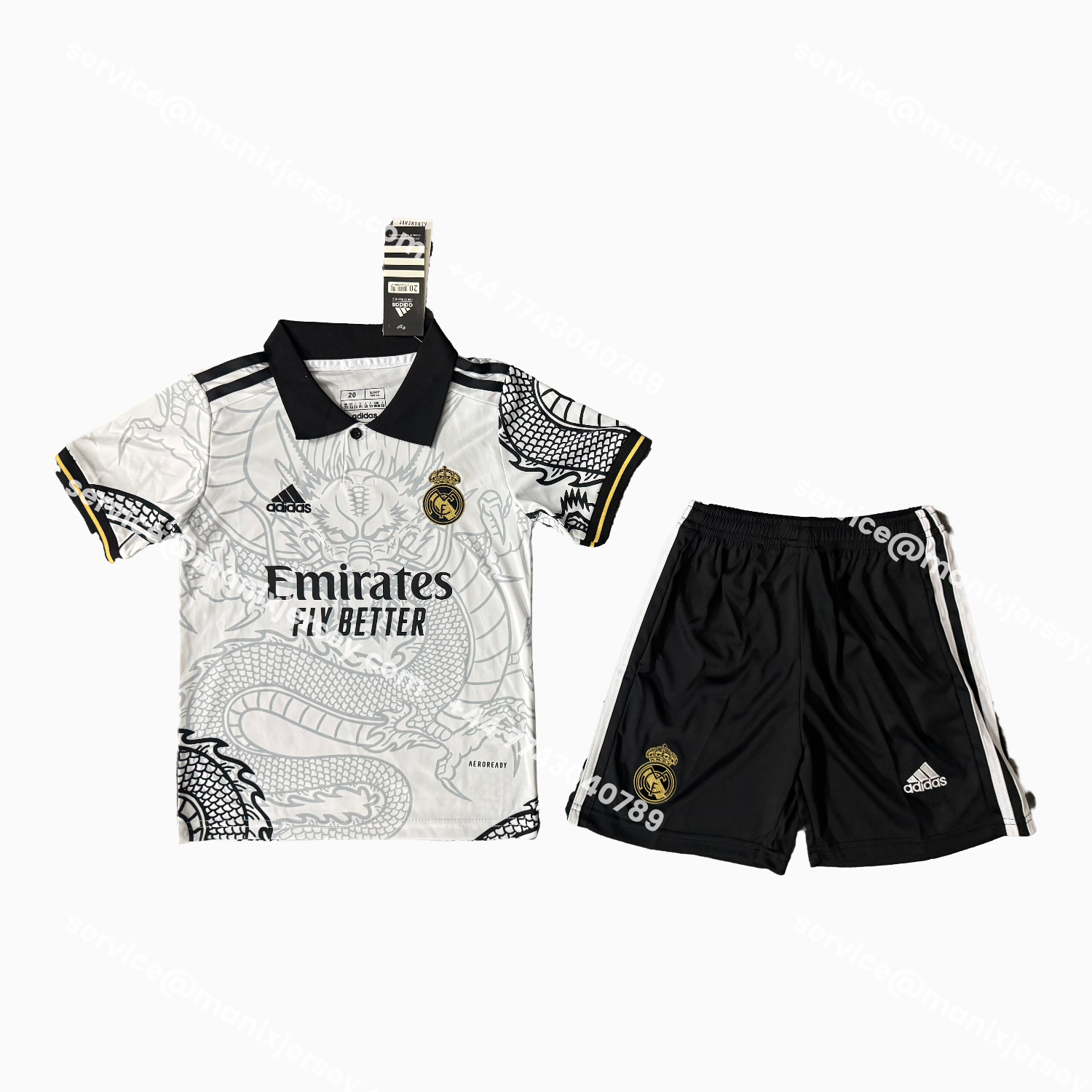 ManixJersey.com | Real Madrid 25-26 Black Gragon White Special Men's Adult Jersey Set - Fans Version -Customize Name, Number and Patch | Worldwide Shipping