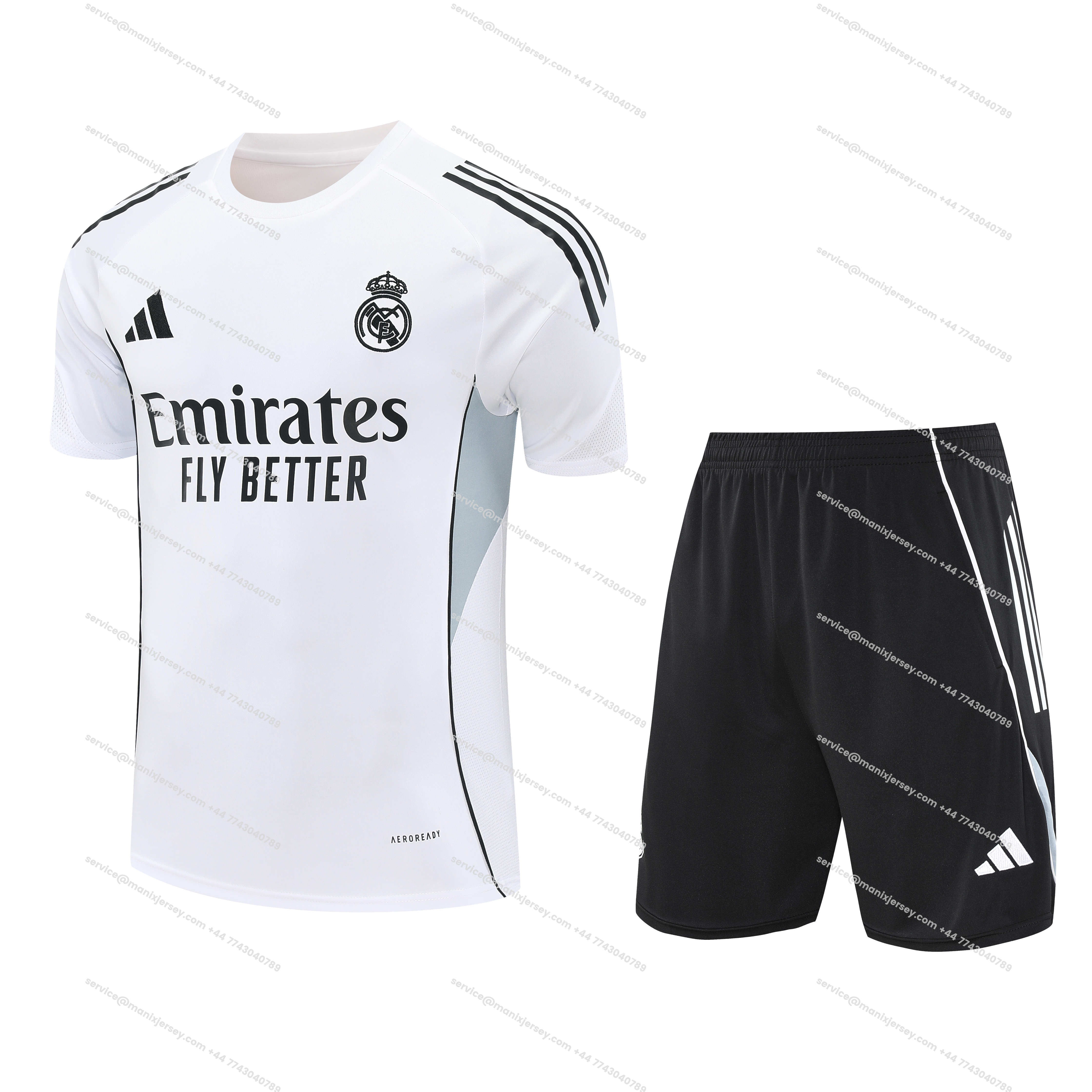 ManixJersey.com | Real Madrid 25-26 Short-Sleeve Training Set - Grey And White Top & Black Shorts -Customize Name, Number and Patch | Worldwide Shipping