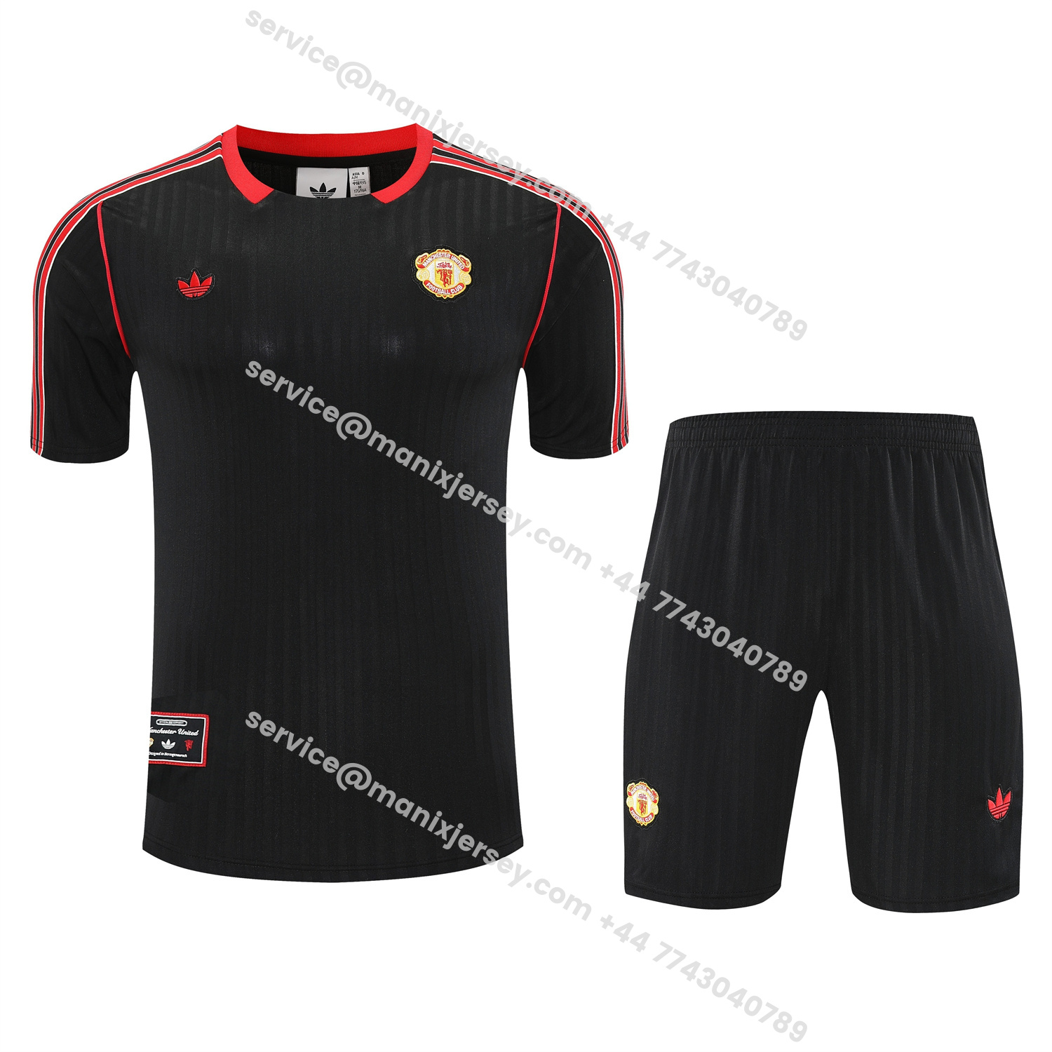 ManixJersey.com | Manchester United 25-26 Short-Sleeve Training Set - Red Lines Black Top & Black Shorts -Customize Name, Number and Patch | Worldwide Shipping
