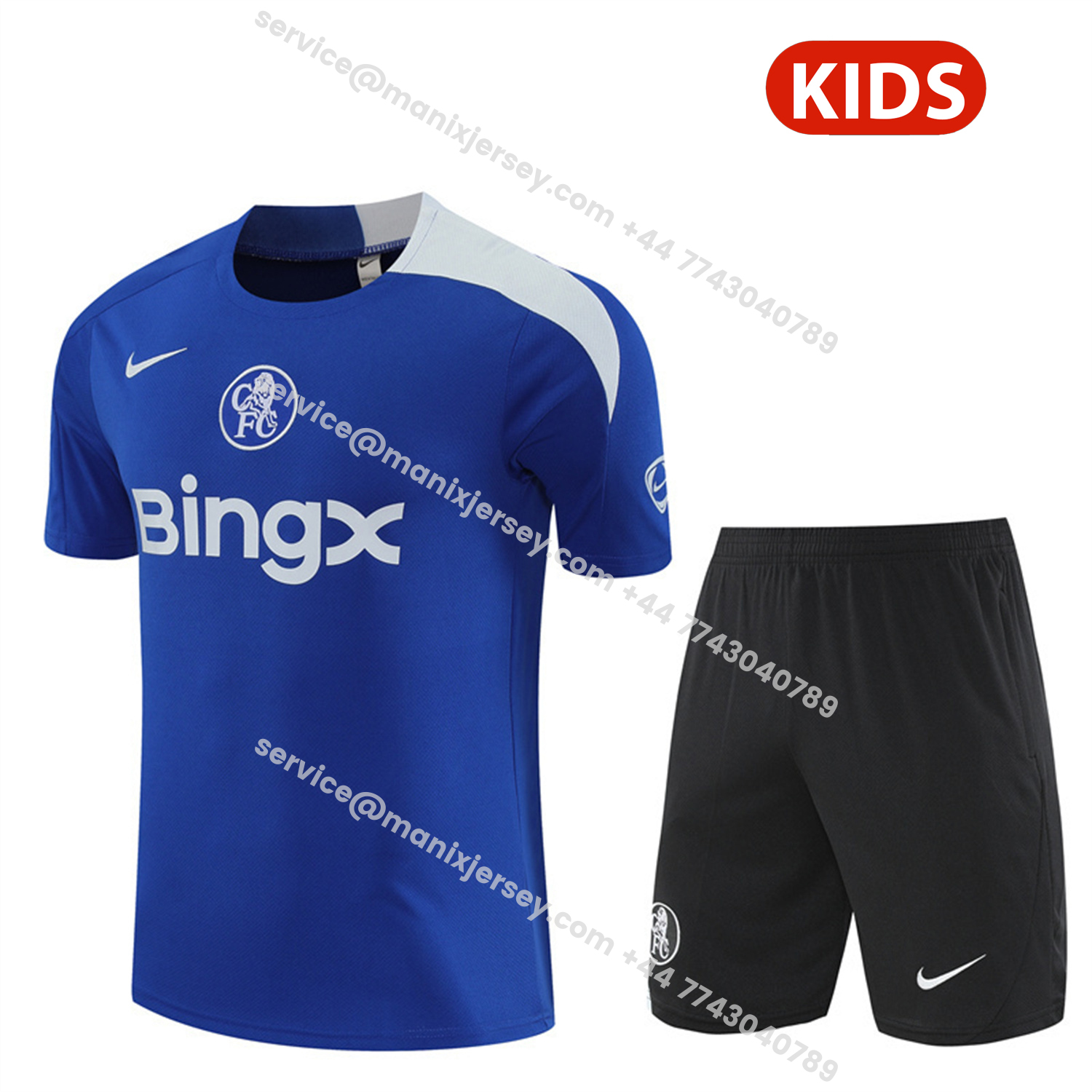 ManixJersey.com | C.H.E.L.S.E.A 25-26 Kids Short-Sleeve Training Set - Blue Top & Black Shorts -Customize Name, Number and Patch | Worldwide Shipping