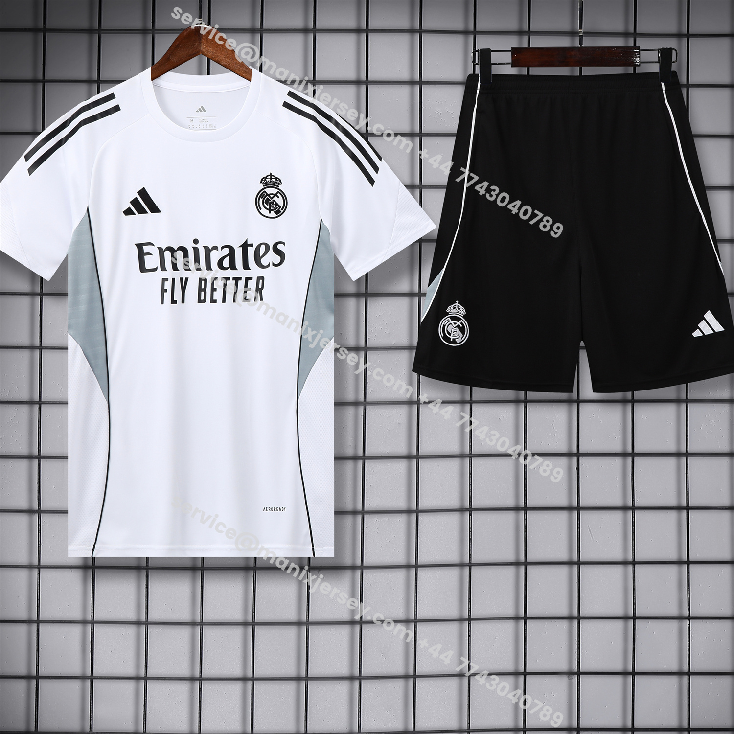 ManixJersey.com | Real Madrid 25-26 Short-Sleeve Training Set - Grey And White Top & Black Shorts -Customize Name, Number and Patch | Worldwide Shipping