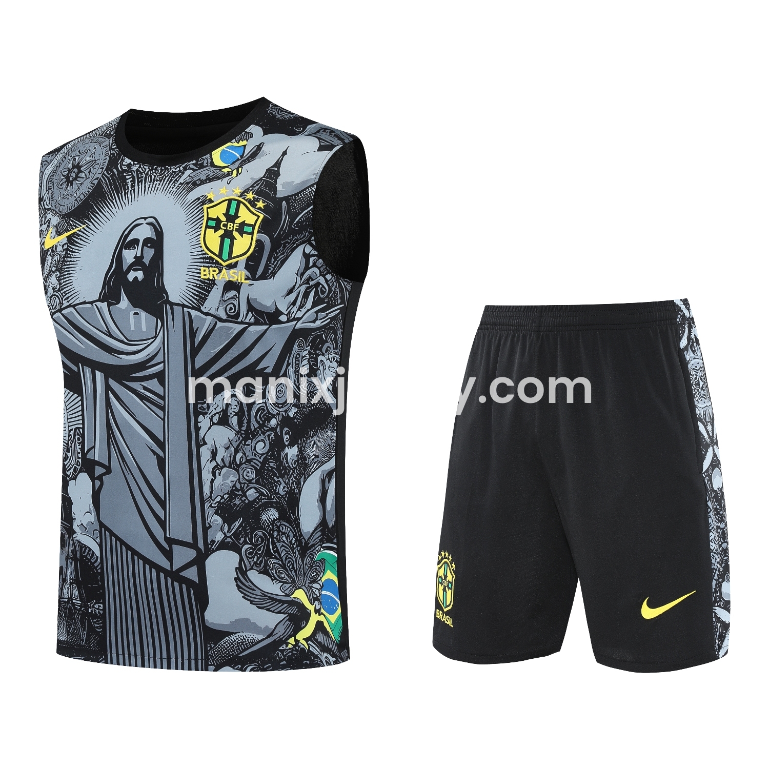 ManixJersey.com | Brazil 25-26 Gray Jesus Statue Vest Training Set - Gray Vest & Black Shorts -Customize Name, Number and Patch | Worldwide Shipping