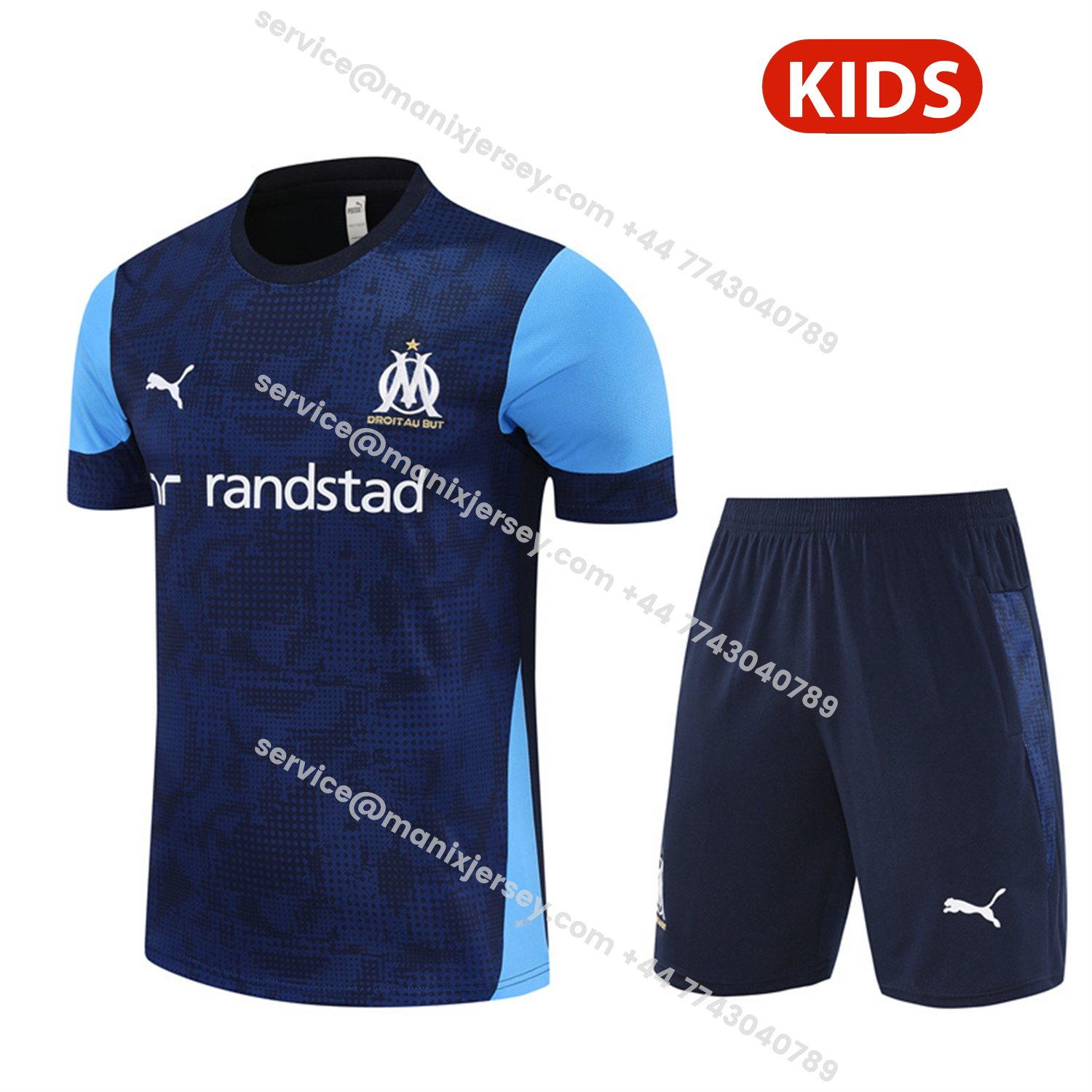 ManixJersey.com | Marseille 25-26 Kids Short-Sleeve Training Set - Royal Blue Top & Royal Blue Shorts -Customize Name, Number and Patch | Worldwide Shipping
