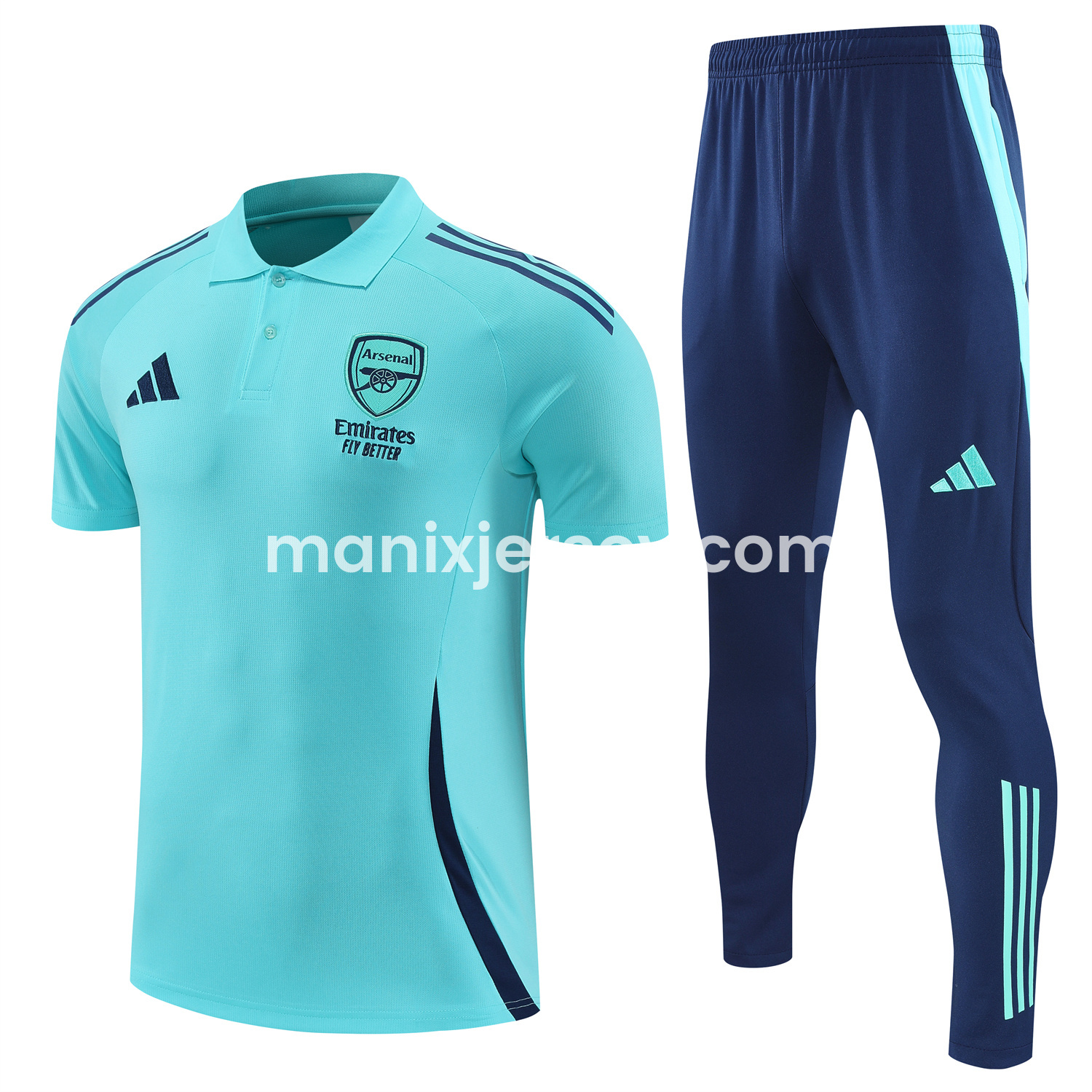 ManixJersey.com | Arsenal 25-26 POLO Short-Sleeve Training Set - Cyan Top and Deep Blue Pants -Customize Name, Number and Patch | Worldwide Shipping