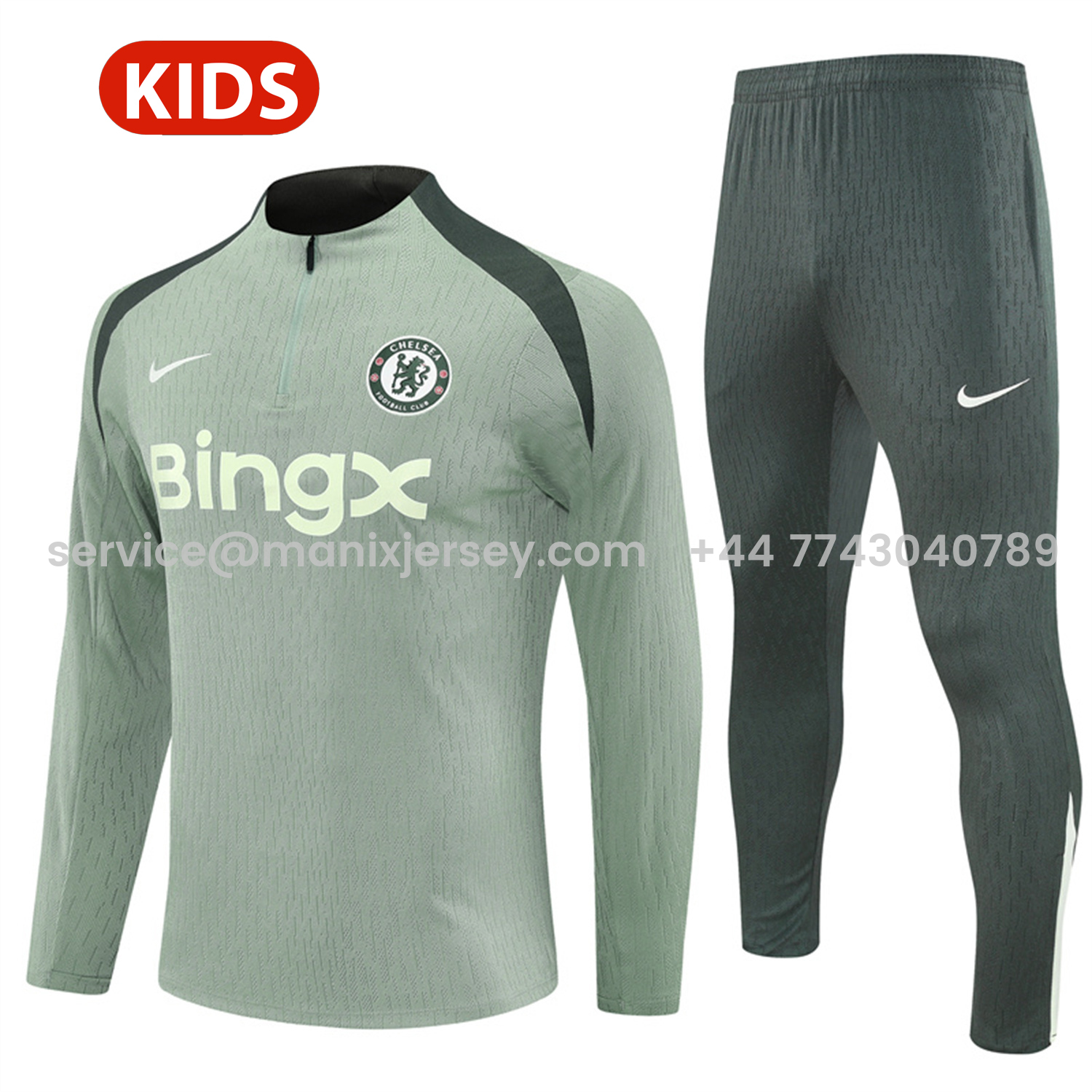 ManixJersey.com | C.H.E.L.S.E.A 25-26 Kids Long Sleeve Training Set - Player Version - Light Green Top and Pants -Customize Name, Number and Patch | Worldwide Shipping
