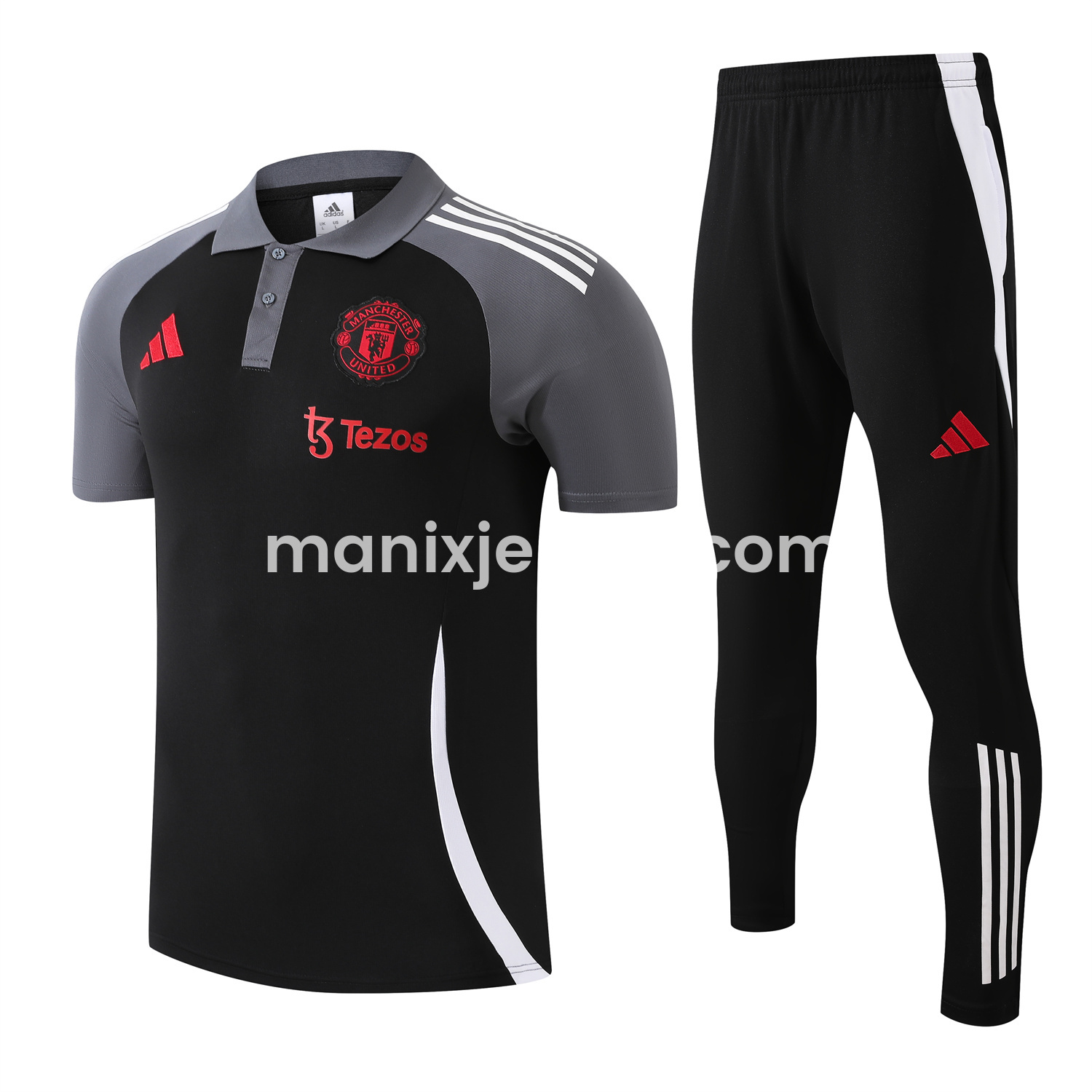 ManixJersey.com | Manchester United 25-26 POLO Short-Sleeve Training Set - Black Top and Pants with White Stripes -Customize Name, Number and Patch | Worldwide Shipping