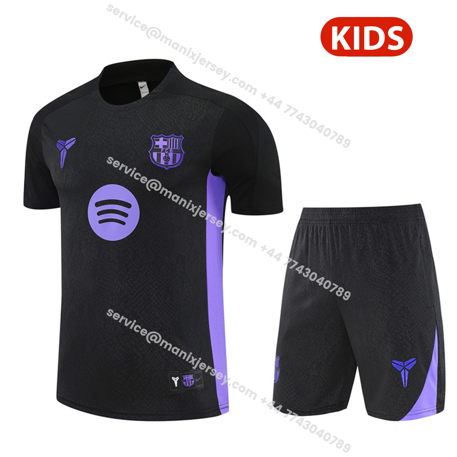 ManixJersey.com | Barcelona 25-26 X KB Kids Short-Sleeve Training Set - Black Blue Top & Black Shorts -Customize Name, Number and Patch | Worldwide Shipping