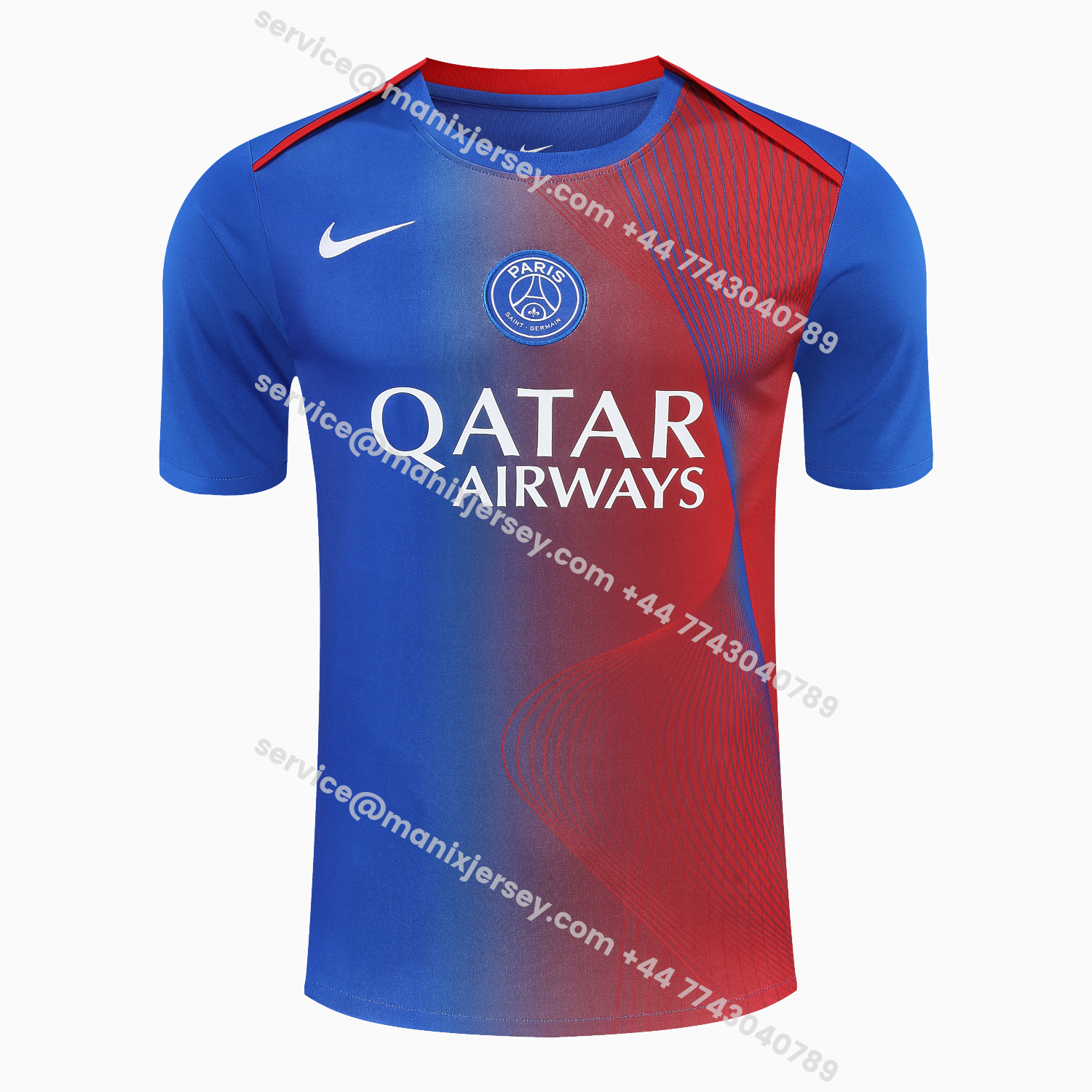 ManixJersey.com | Paris Saint-Germain PSG 25-26 Short-Sleeve Training Set - Red And Blue Lines Top & Blue Shorts -Customize Name, Number and Patch | Worldwide Shipping