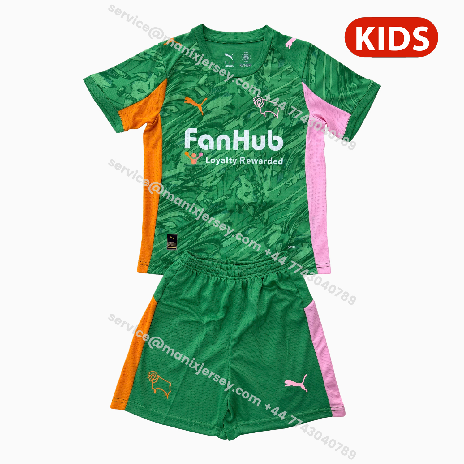 ManixJersey.com | Derby County 25-26 Green Goalkeeper Kids Kit -Customize Name, Number and Patch | Worldwide Shipping