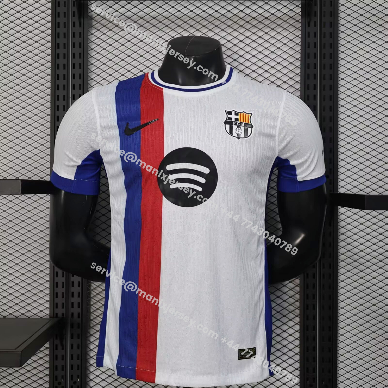 ManixJersey.com | Barcelona 25-26 Red And Blue Vertical Stripes Special White Jersey - Player Version -Customize Name, Number and Patch | Worldwide Shipping