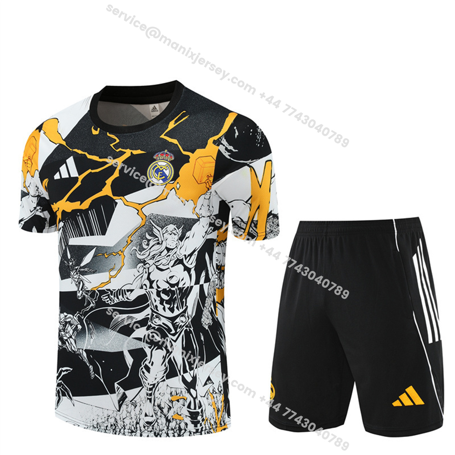 ManixJersey.com | Real Madrid 25-26 Thunder Comics Short-Sleeve Training Set - Comic Pattern Top & Shorts -Customize Name, Number and Patch | Worldwide Shipping