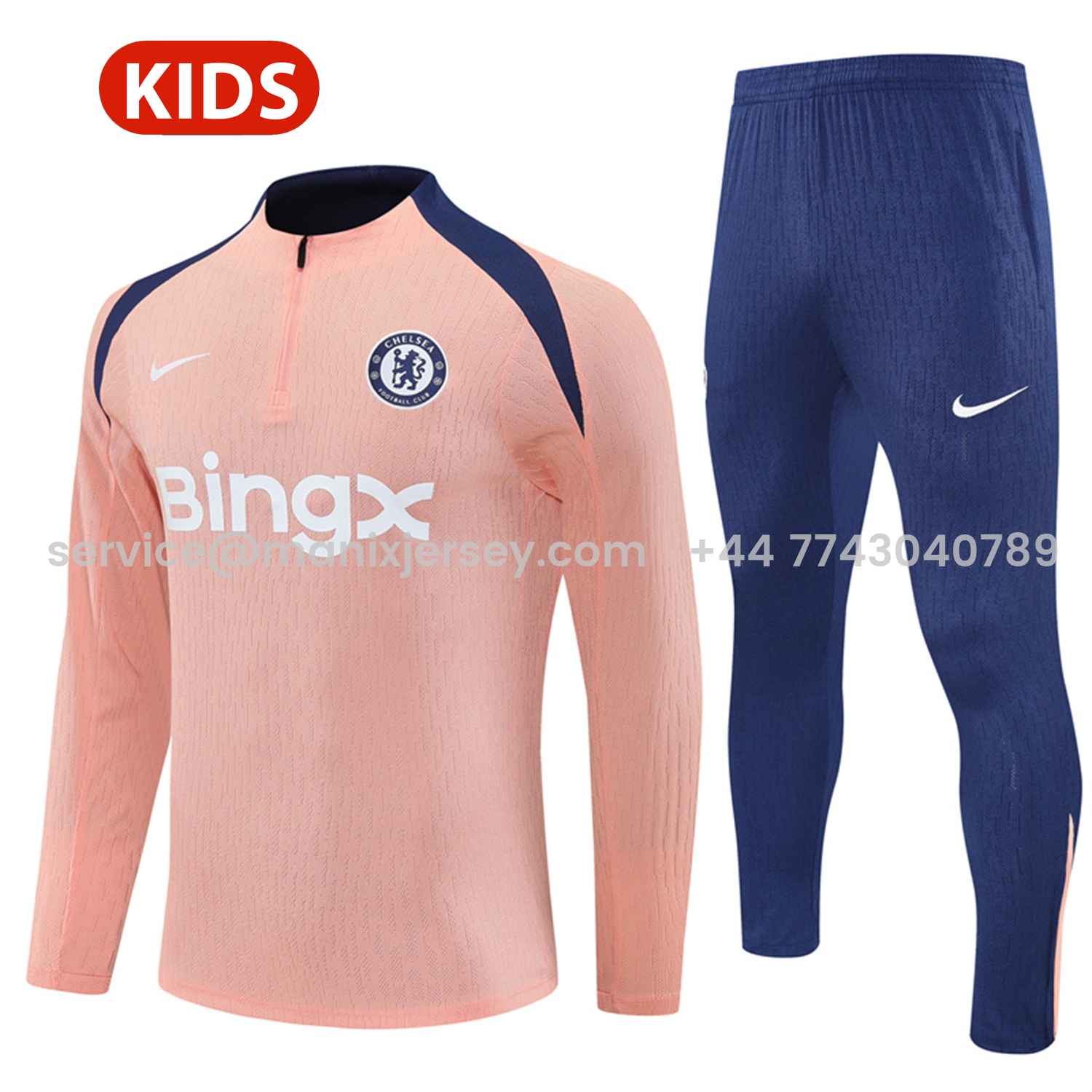 ManixJersey.com | C.H.E.L.S.E.A 25-26 Kids Long Sleeve Training Set - Player Version - Pink Top and Blue Pants -Customize Name, Number and Patch | Worldwide Shipping