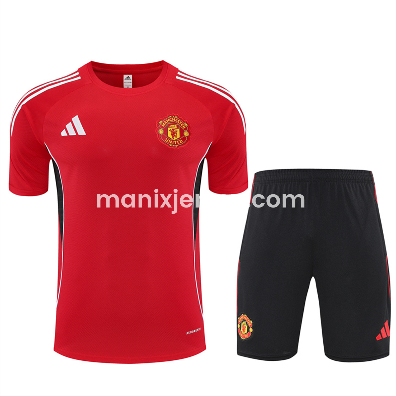 ManixJersey.com | Manchester United 25-26 Short-Sleeve Training Set - Red Top & Black Shorts -Customize Name, Number and Patch | Worldwide Shipping