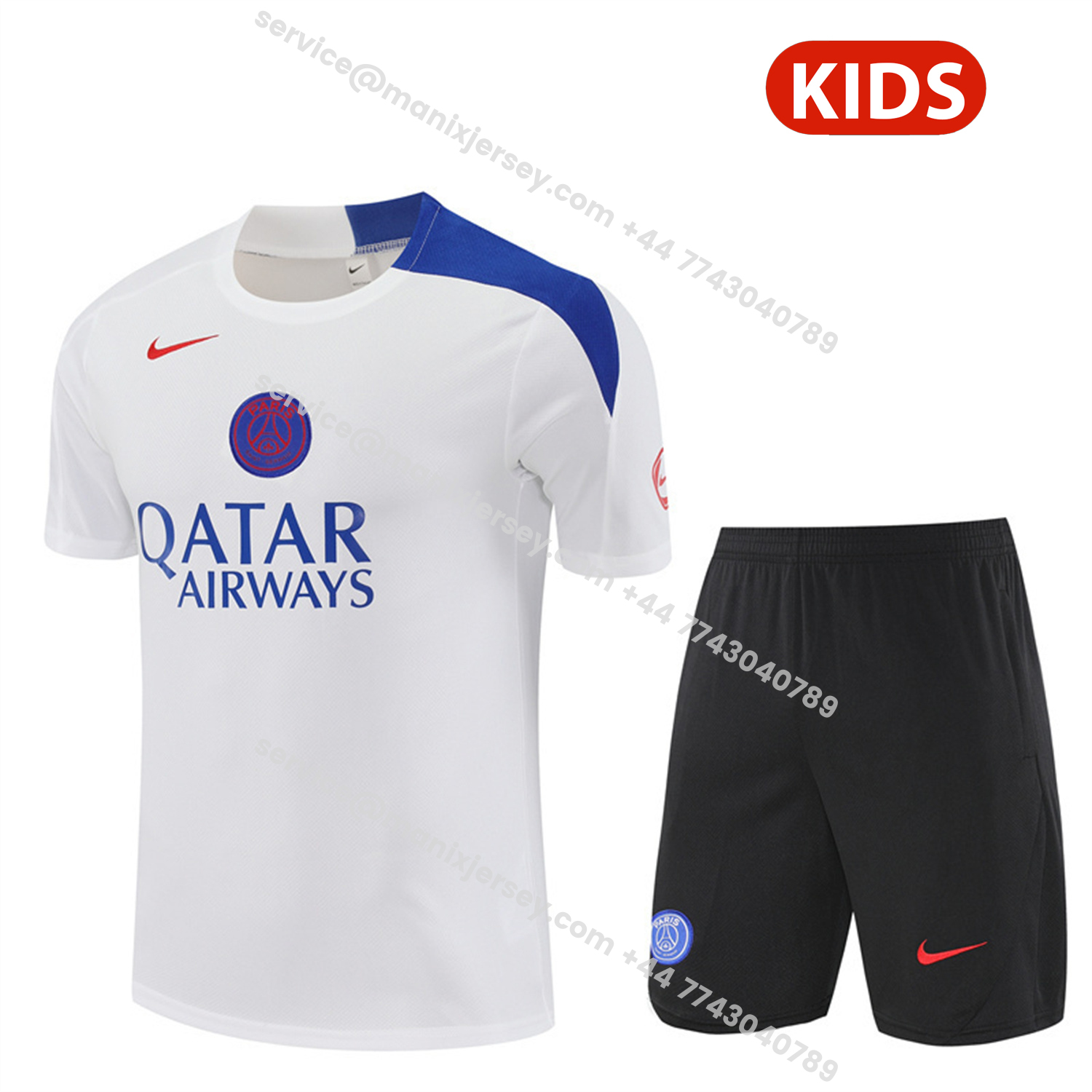 ManixJersey.com | Paris Saint-Germain PSG 25-26 Kids Short-Sleeve Training Set - White Top & Black Shorts -Customize Name, Number and Patch | Worldwide Shipping