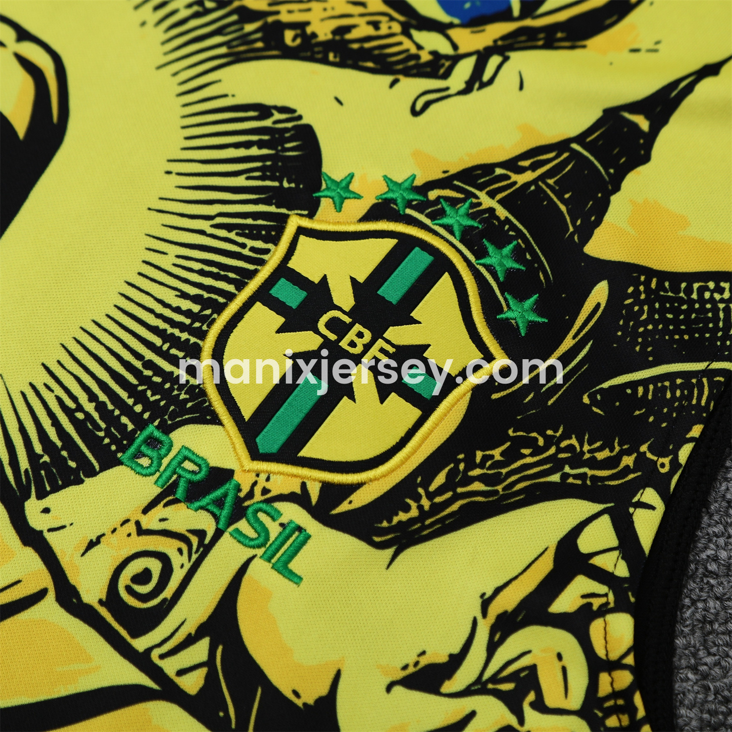 ManixJersey.com | Brazil 25-26 Yellow Jesus Statue Vest Training Set - Yellow Vest & Black Shorts -Customize Name, Number and Patch | Worldwide Shipping