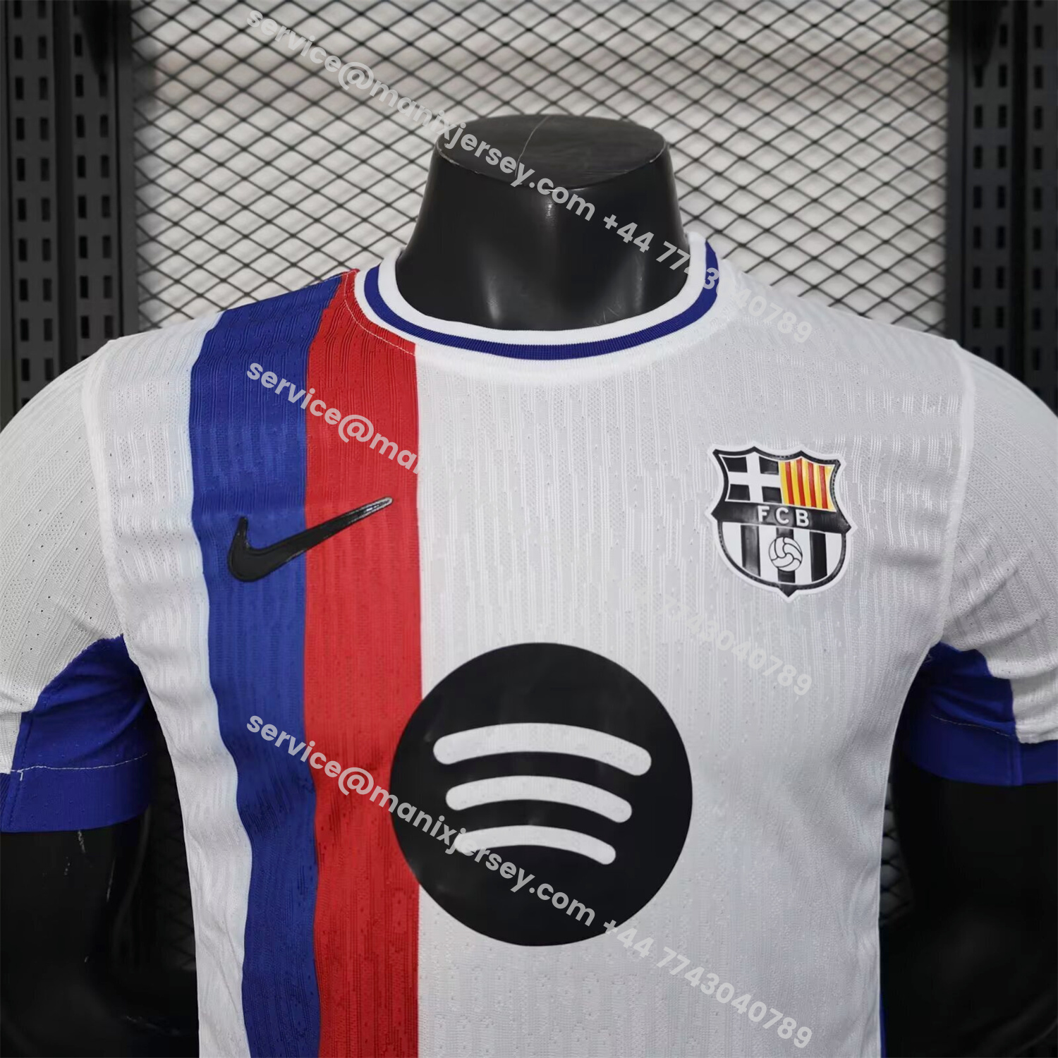 ManixJersey.com | Barcelona 25-26 Red And Blue Vertical Stripes Special White Jersey - Player Version -Customize Name, Number and Patch | Worldwide Shipping