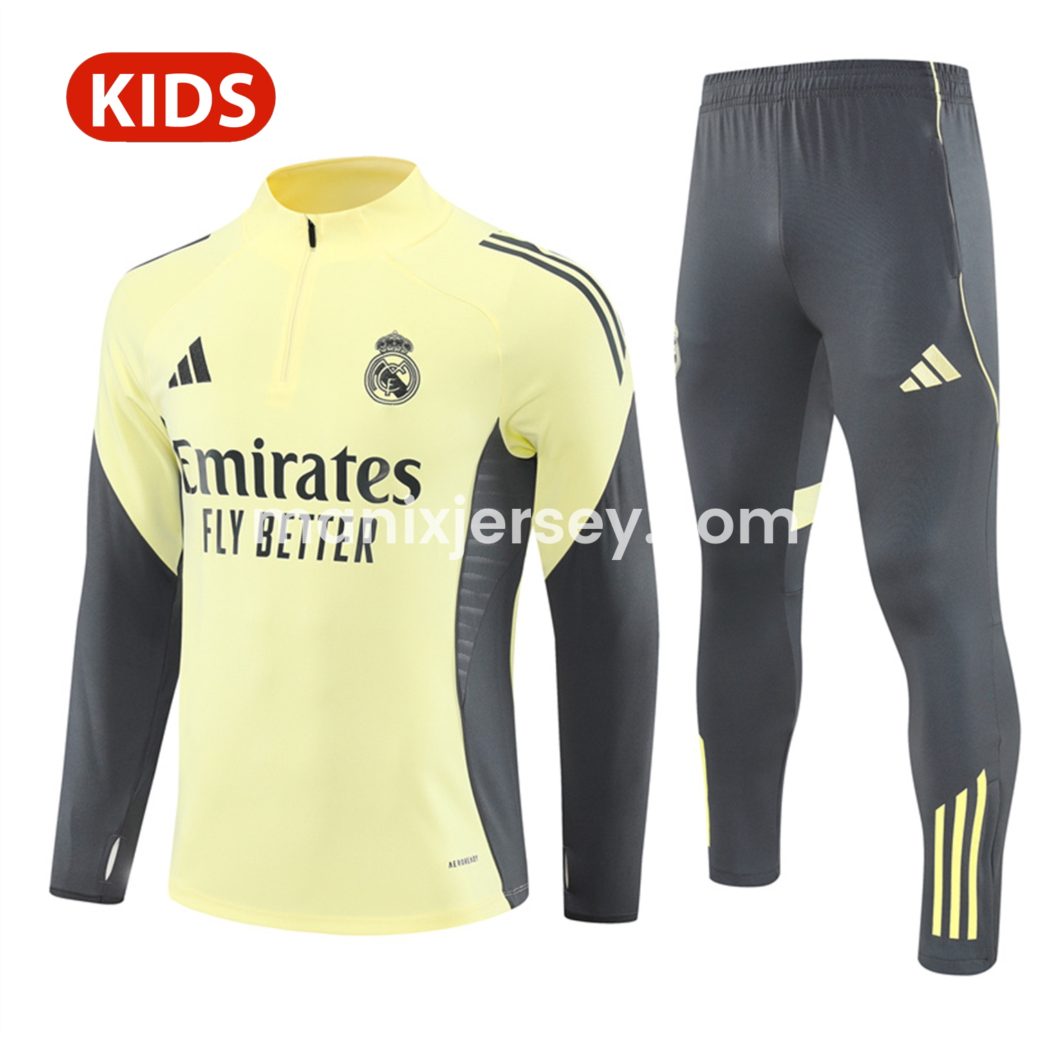 ManixJersey.com | Real Madrid 25-26 Kid Long Sleeves Training Set - Yellow Top & Gray Pants -Customize Name, Number and Patch | Worldwide Shipping