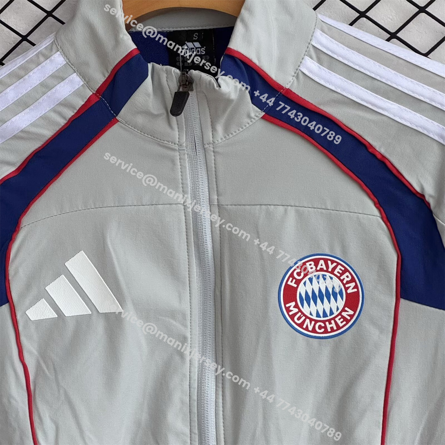 ManixJersey.com | Bayern Munich 25-26 Red Lines Windbreaker Training Set - White Top and Pants -Customize Name, Number and Patch | Worldwide Shipping