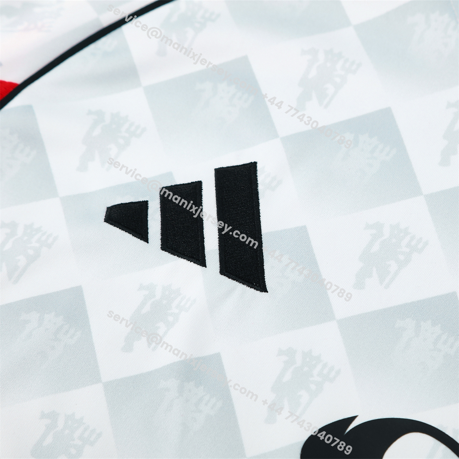 ManixJersey.com | Manchester United 25-26 Short-Sleeve Training Set - Red Edge White Top & Black Shorts -Customize Name, Number and Patch | Worldwide Shipping