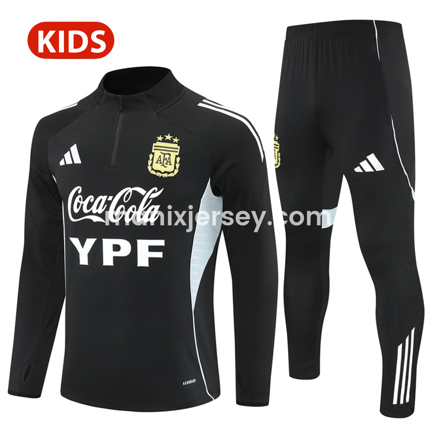 ManixJersey.com | Argentina 25-26 Kid Long Sleeves Training Set - Black Top & Black Pants -Customize Name, Number and Patch | Worldwide Shipping