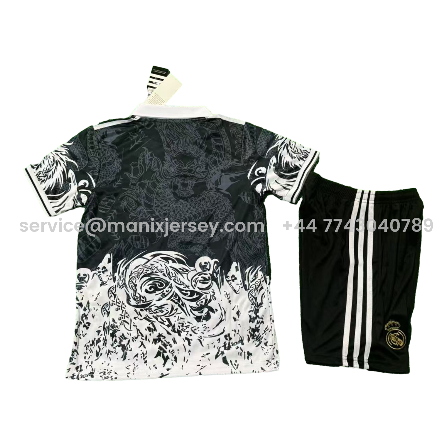 ManixJersey.com | Real Madrid 25-26 White Fire Dragon Black Special Polo Kids Kit -Customize Name, Number and Patch | Worldwide Shipping