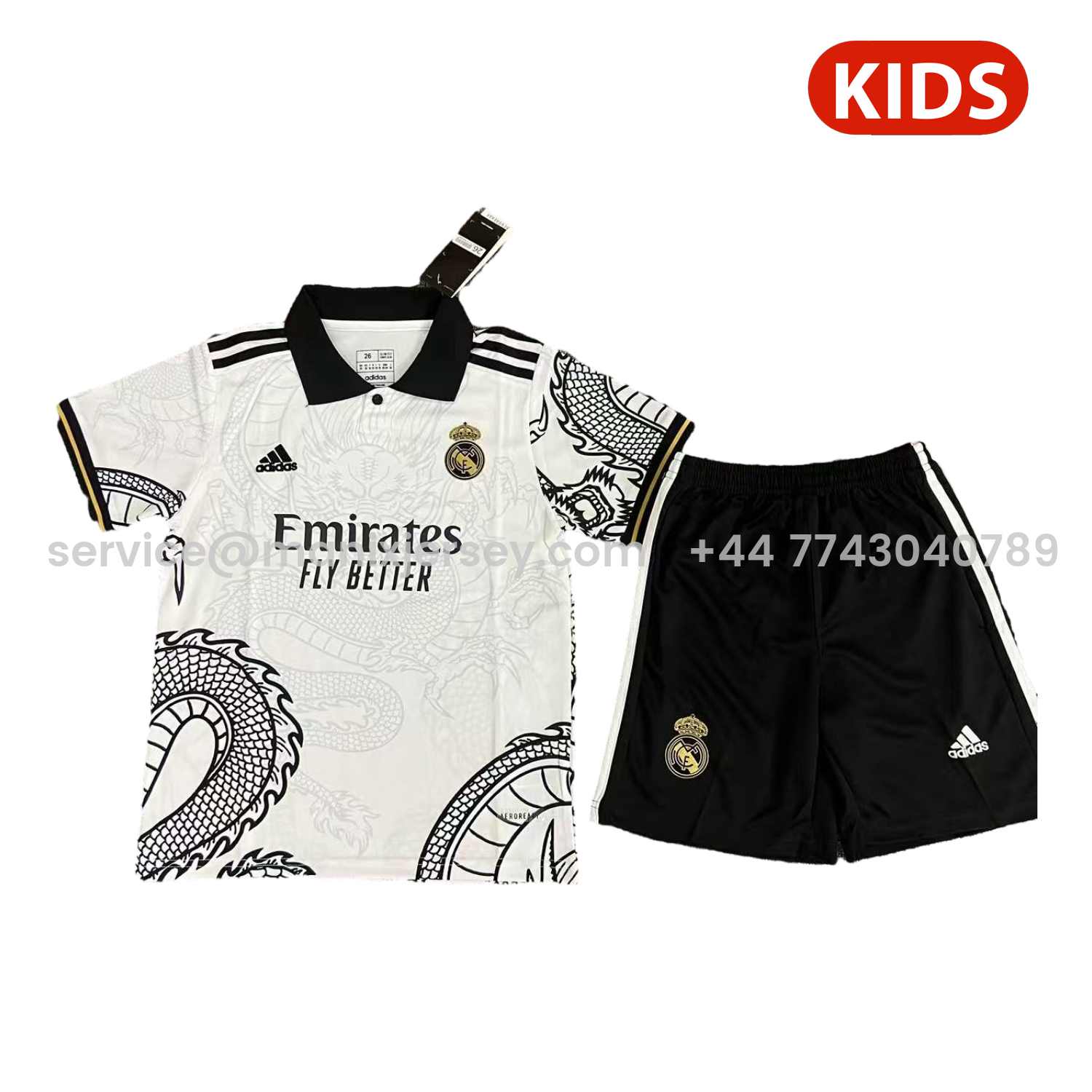 ManixJersey.com | Real Madrid 25-26 Black Dragon Body White Special Polo Kids Kit -Customize Name, Number and Patch | Worldwide Shipping