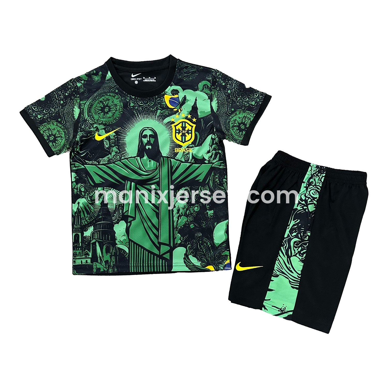 ManixJersey.com | Brazil 25-26 Christ the Redeemer Statue Kids Kit - Green -Customize Name, Number and Patch | Worldwide Shipping