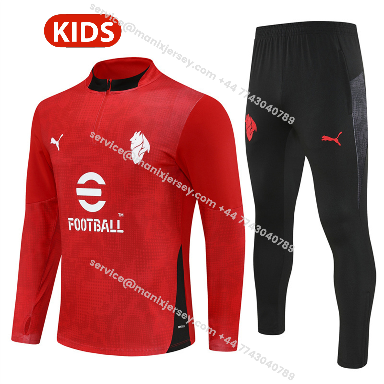 ManixJersey.com | AC Milan 25-26 Kids Long Sleeve Training Set - Red Top & Black Pants -Customize Name, Number and Patch | Worldwide Shipping