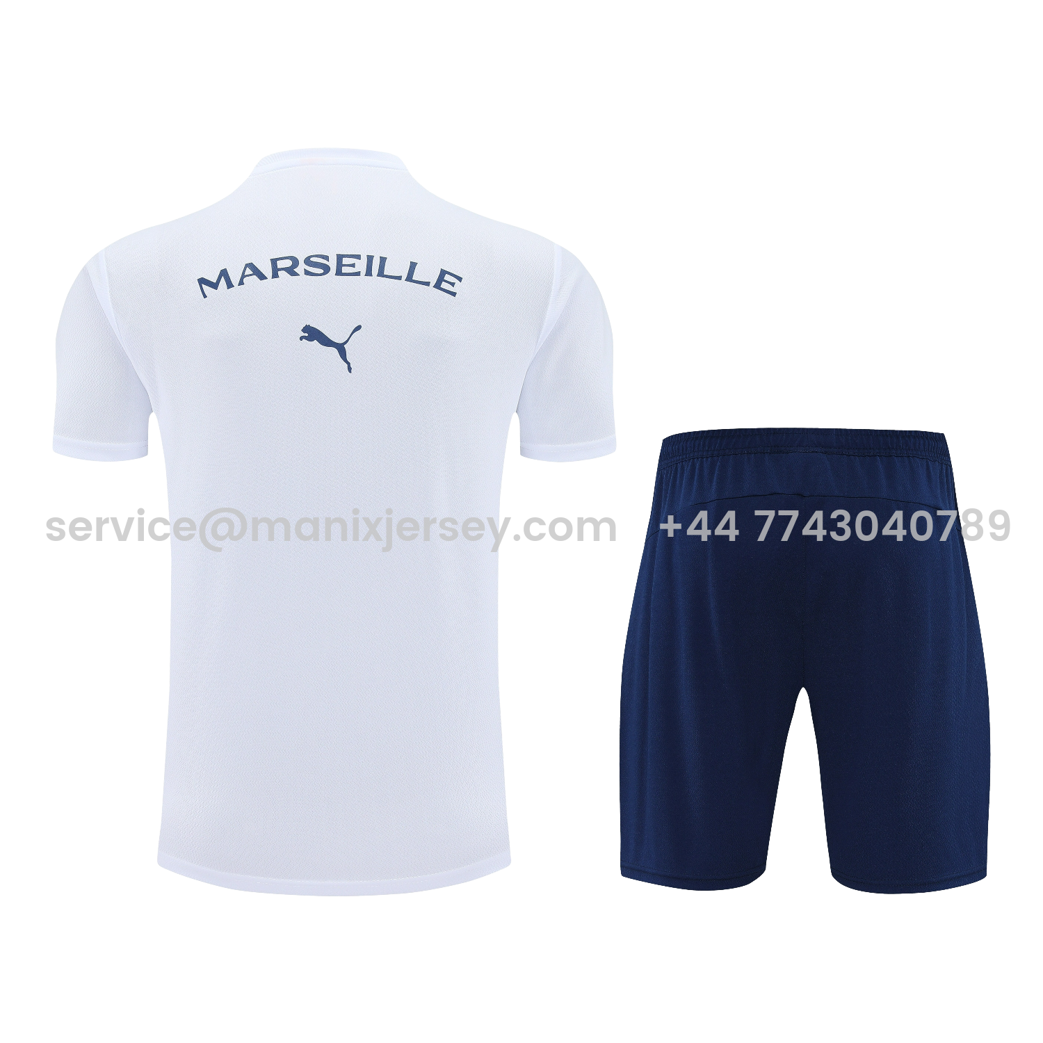 ManixJersey.com | Marseille 25-26 Short-Sleeve Training Set - White Top & Blue Shorts -Customize Name, Number and Patch | Worldwide Shipping